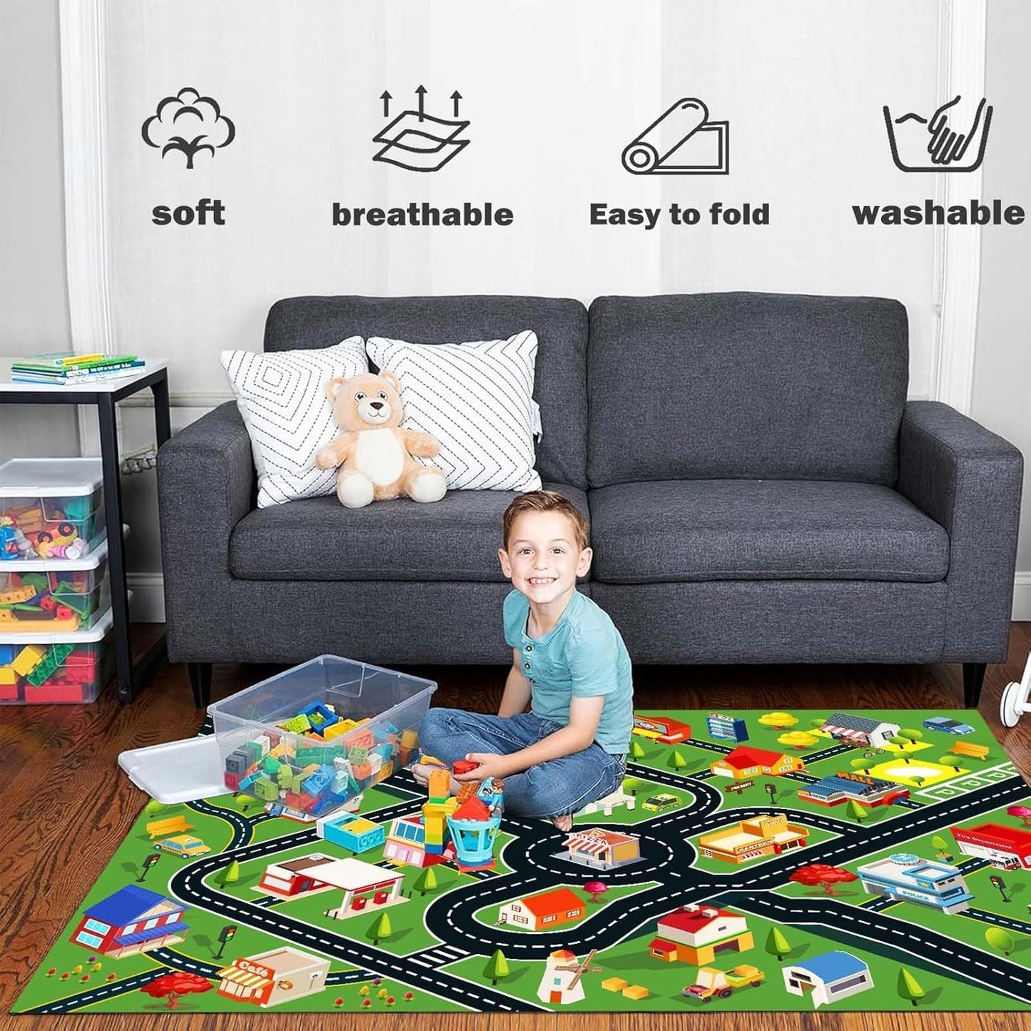 Kids Rug Car Rugs for Kids Toy Cars Play Mat with Rubber Backing City Life Road Rug for Cars Fun City Map for Carpet for Bedroom Boys (RED-Rug, 6.6x9.8ft)