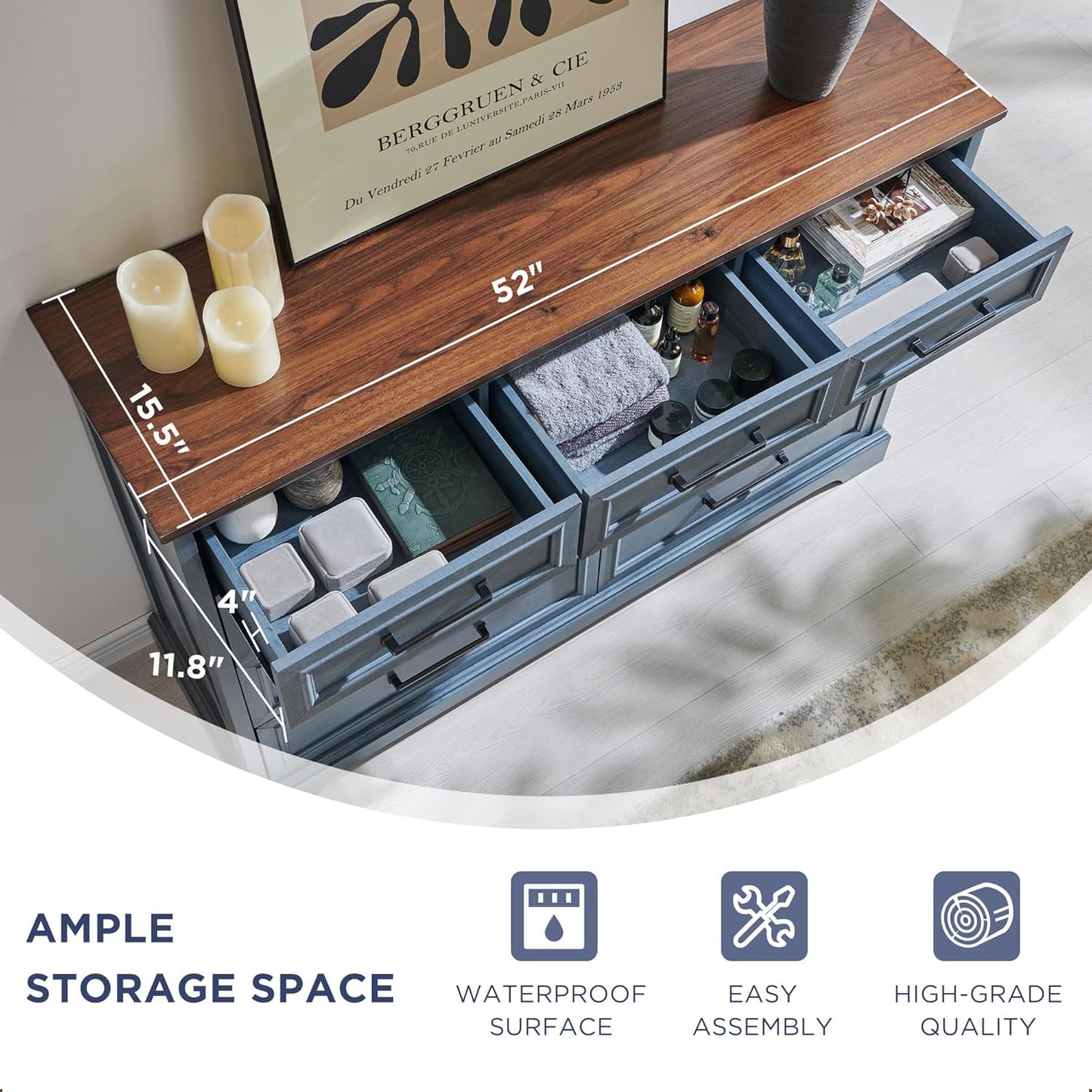 Farmhouse 9 Drawer Dresser for Bedroom, 36 Inch Tall Modern Dresser TV Stand with Large Drawers & Bar Handles, Rustic Wood Chest of Drawers for Bedroom, Living Room, Hallway, Blue