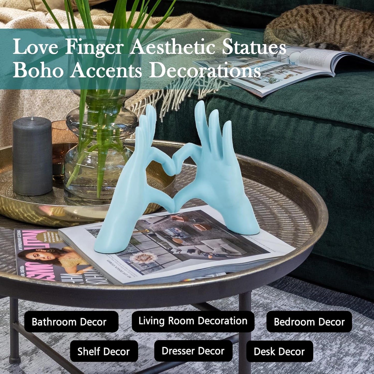 Accessoryway Blue Heart Hands Sculpture Decor - Valentines Day Decorations for Living Room, Bedroom, Office & Shelf Decor,Unique Heart Hands Ring Holder Display for Girls & Wedding Decorations