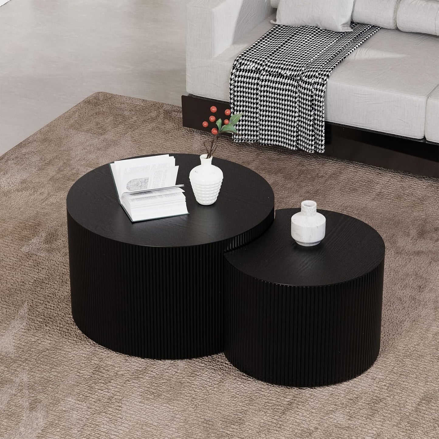 Round Nesting Coffee Table, Drum Wood Coffee Table Set of 2 Black, Modern Fluted Nesting Tables Circle Center Table 2 Piece for Small Spaces Living Room Bedroom Balcony Office, No Assembling