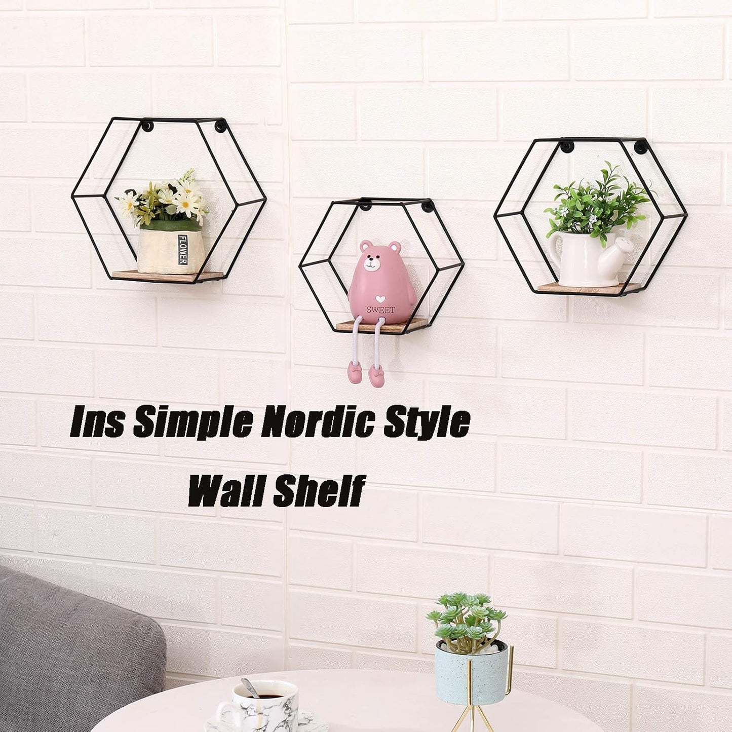 DRNCURN Hexagon Floating Shelves Wall Decor, Black Metal Wire and Wood Wall Mounted Storage Set of 3, Wall Mounted Wood Shelf for Bedroom, Living Room, Bathroom, Kitchen, Picture Ledge Shelf