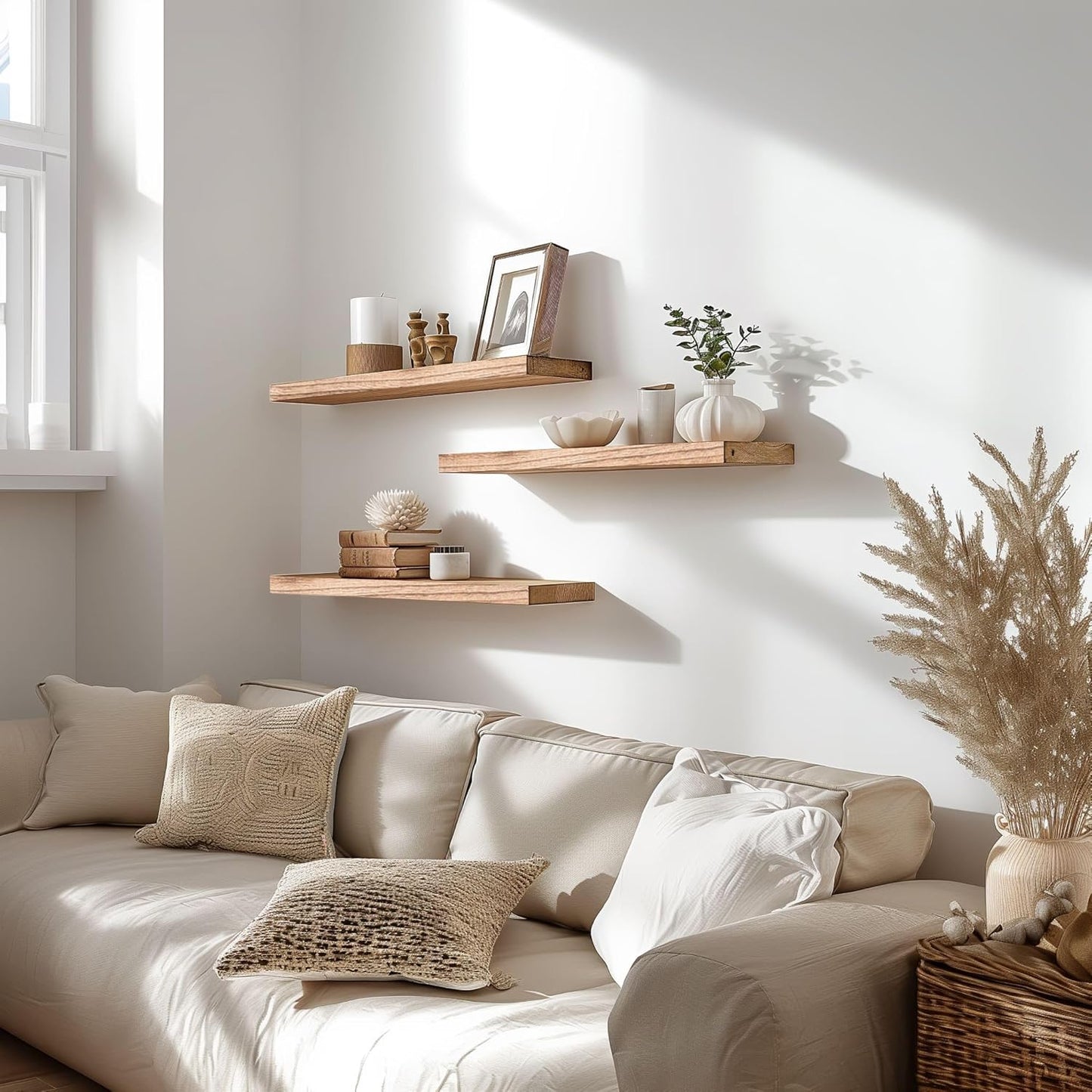 Wood Floating Shelves for Wall Decor, Rustic Wall Shelves for Bedroom Bathroom Kitchen Living Room, Set of 6 Light Walnut