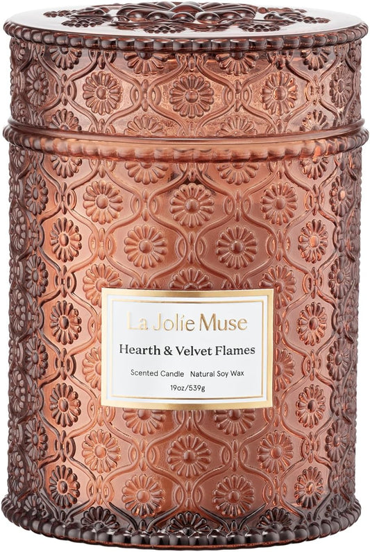 LA JOLIE MUSE Hearth & Velvet Flames Candle - Saffron, Clove, Vanilla | 19 oz Large Wooden Wick Candles | Natural Soy Wax | 90 Hours Clean Burn | Holiday Candle Gifts | Gift-Ready for Hosts