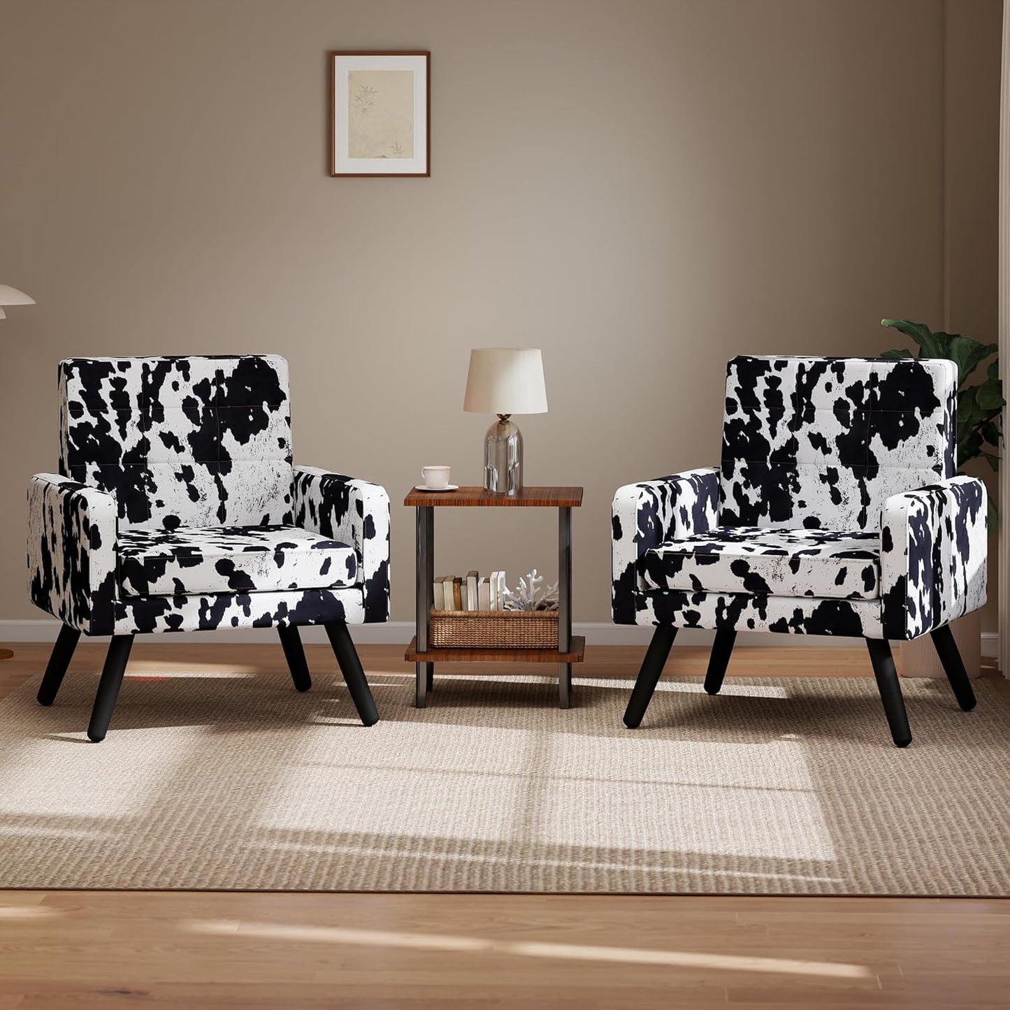 Kromax Mid-Century Modern Accent Chair Set of 2 for Living Room, 496 Lb. Weight Capacity, Dual Armrests, Comfy Extra Large Seat, Timeless Style Perfect for Reading & Relaxing, Cow Pattern