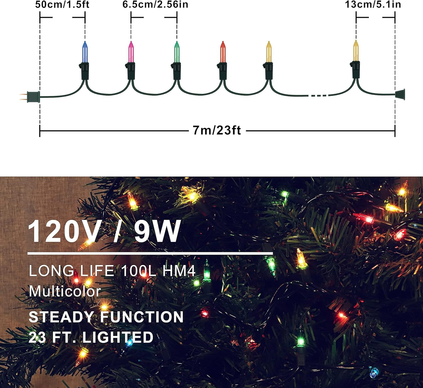 woohaha Multicolor Christmas Lights - 2 Pack 23Ft 100Count Incandescent Tree Lights with Green Wire, Plug-in Mini String Lights for Home, Party, Holiday, Indoor/Outdoor Decor