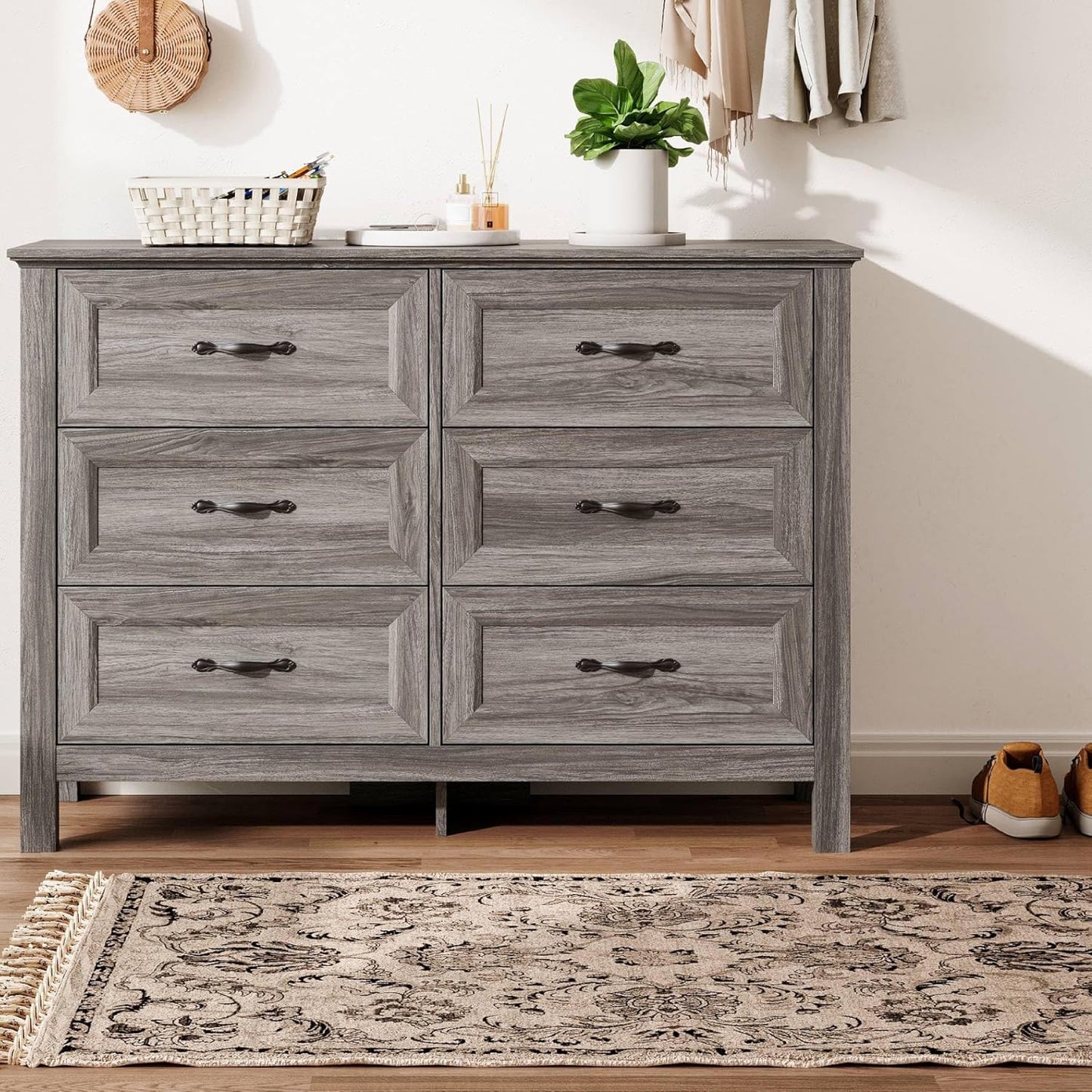 LINSY HOME Farmhouse 6-Drawer Dresser - Grey Chest of Drawers for Bedroom and Living Room Organization, Wood Dresser with Ample Storage Space and Rustic Charm
