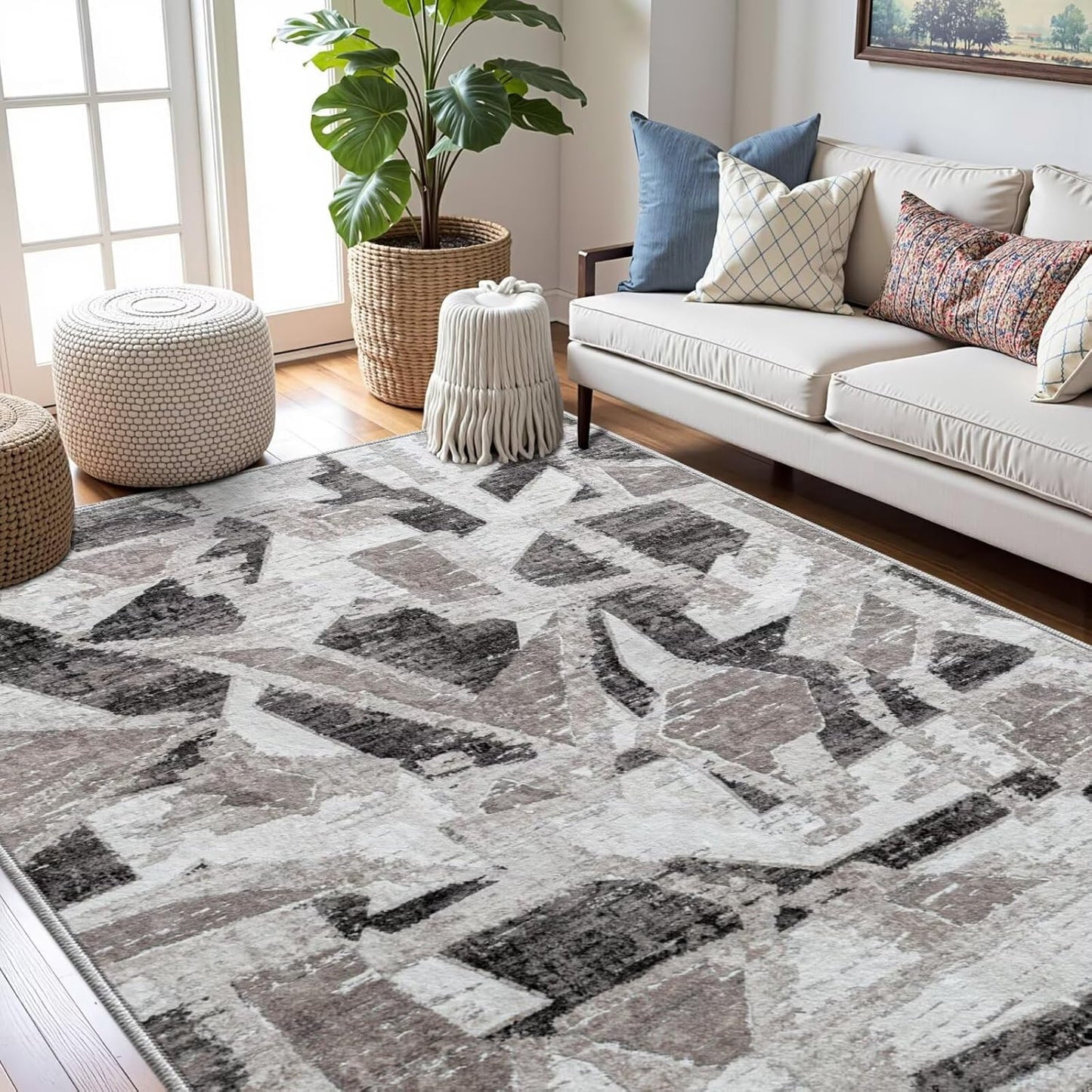 Modern Abstract 5X7 Area Rug for Living Room Bedroom Washable, with Non-Slip Rubber Backing Print Faux Wool Thin, Grey Throw Large Carpet for Kids Playroom Dining Room Pet & Child Friendly