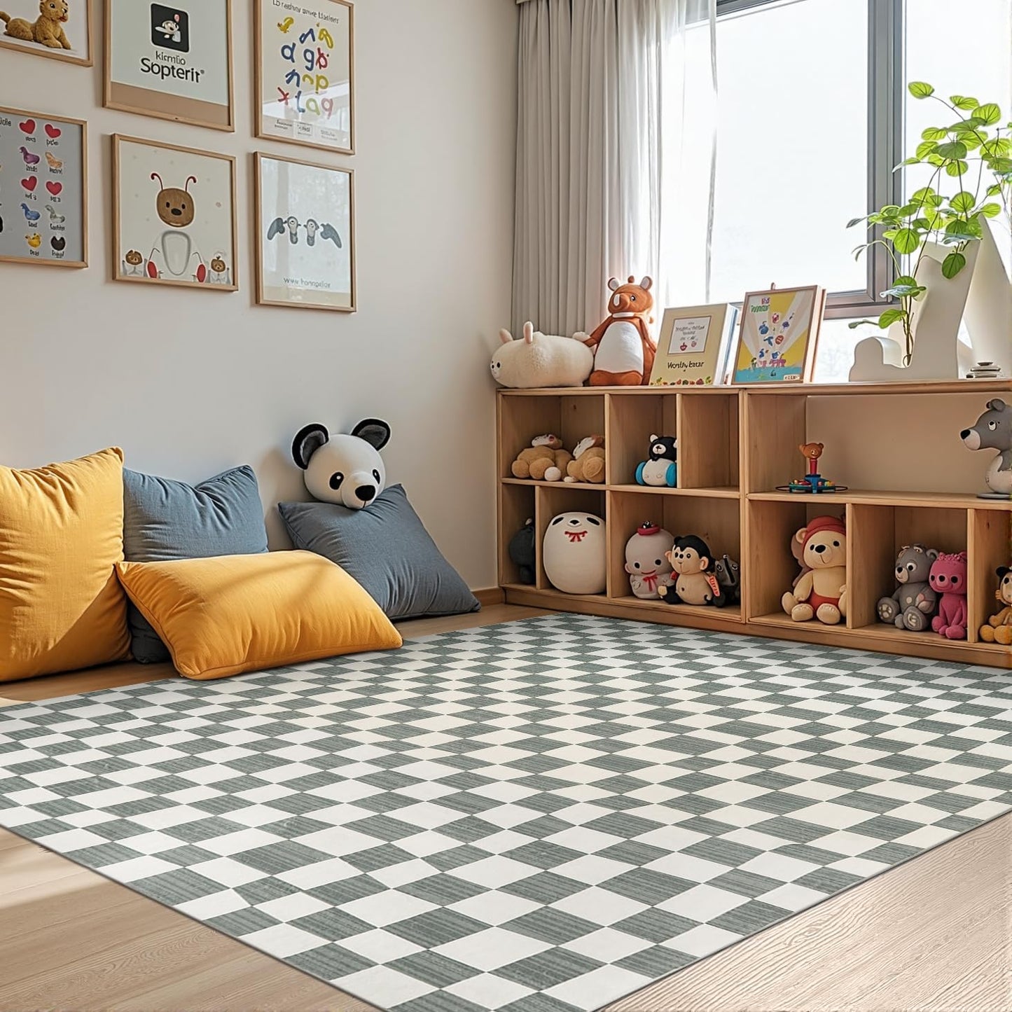 jinchan 6x9 Checkered Area Rugs for Kids Room - Machine Washable Soft Rug Modern Geometric Lattice Non-Slip Carpet for Nursery Playroom Classroom Living Room Bedroom Dining Room Home Office Grey