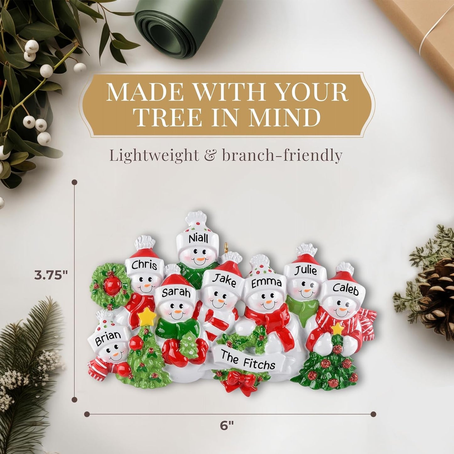 Personalized Large Family of 8 Ornament 2025 | Free 24h Customization | Laser Engraved Snowman Christmas Ornaments for Tree | Custom Gift Wrapped Festive Holiday Keepsake for Eight Persons