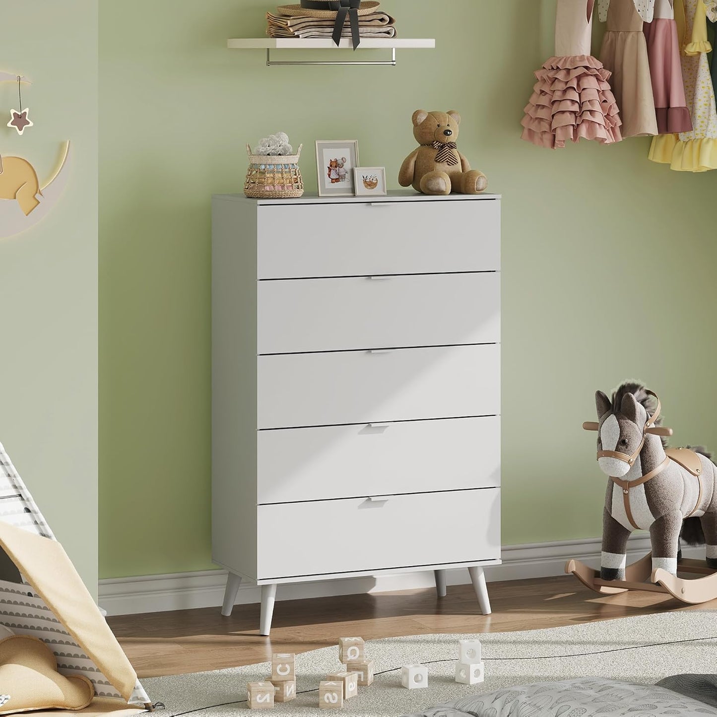 WLIVE 5 Drawer Dresser for Bedroom, Tall Wood Dresser, White Dressers Storage Organizer with Sturdy Metal Handle, Chest of Drawers for Living Room, Hallway, Closet