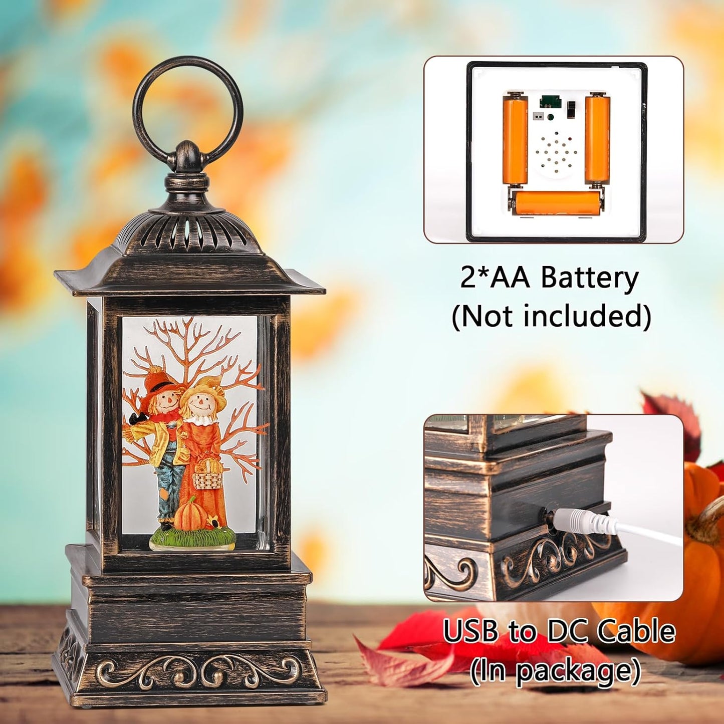 Fall Snow Globes, Scarecrow Couple with Pumpkin Scene Snow Globes, Glittering Lantern with Timer, Snow Globe Lantern USB or Battery Powered for Fall Festival Thanksgiving Day Decor