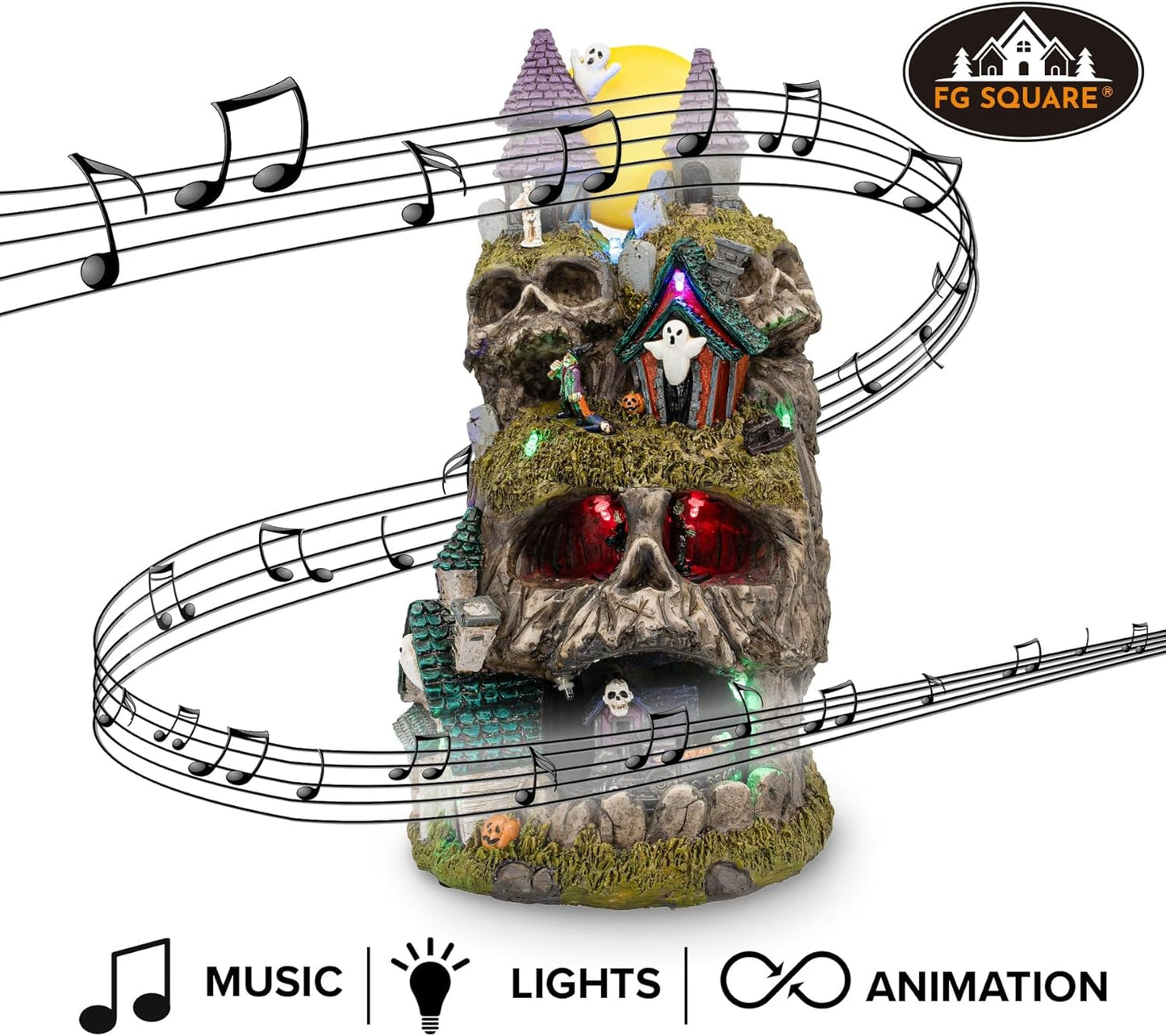 Skullstone Hollow Skull Theme Spooky Halloween Village Multi-Color LED Lights, Animated Motion and Music 7.75" x 7.5" x 13.5"