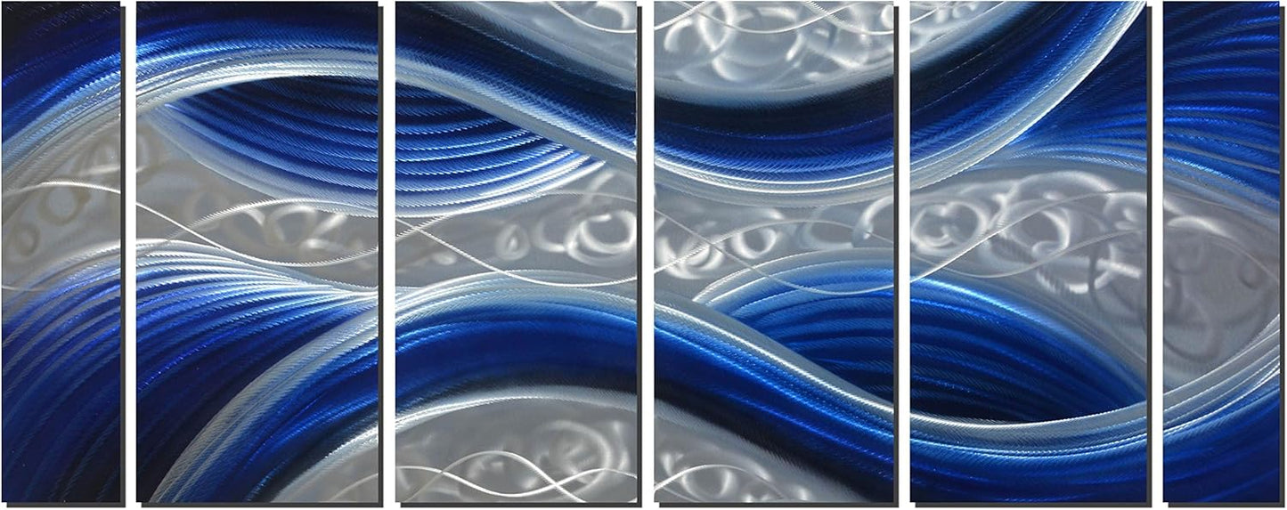 Handcrafted Abstract Metal Wall Art with Soft Color, Large Scale Decor in Huge Blue Line Design, 3D Artwork for Indoor Outdoor Wall Decorations, 6-Panels Metal Art Measure 24"x 65"