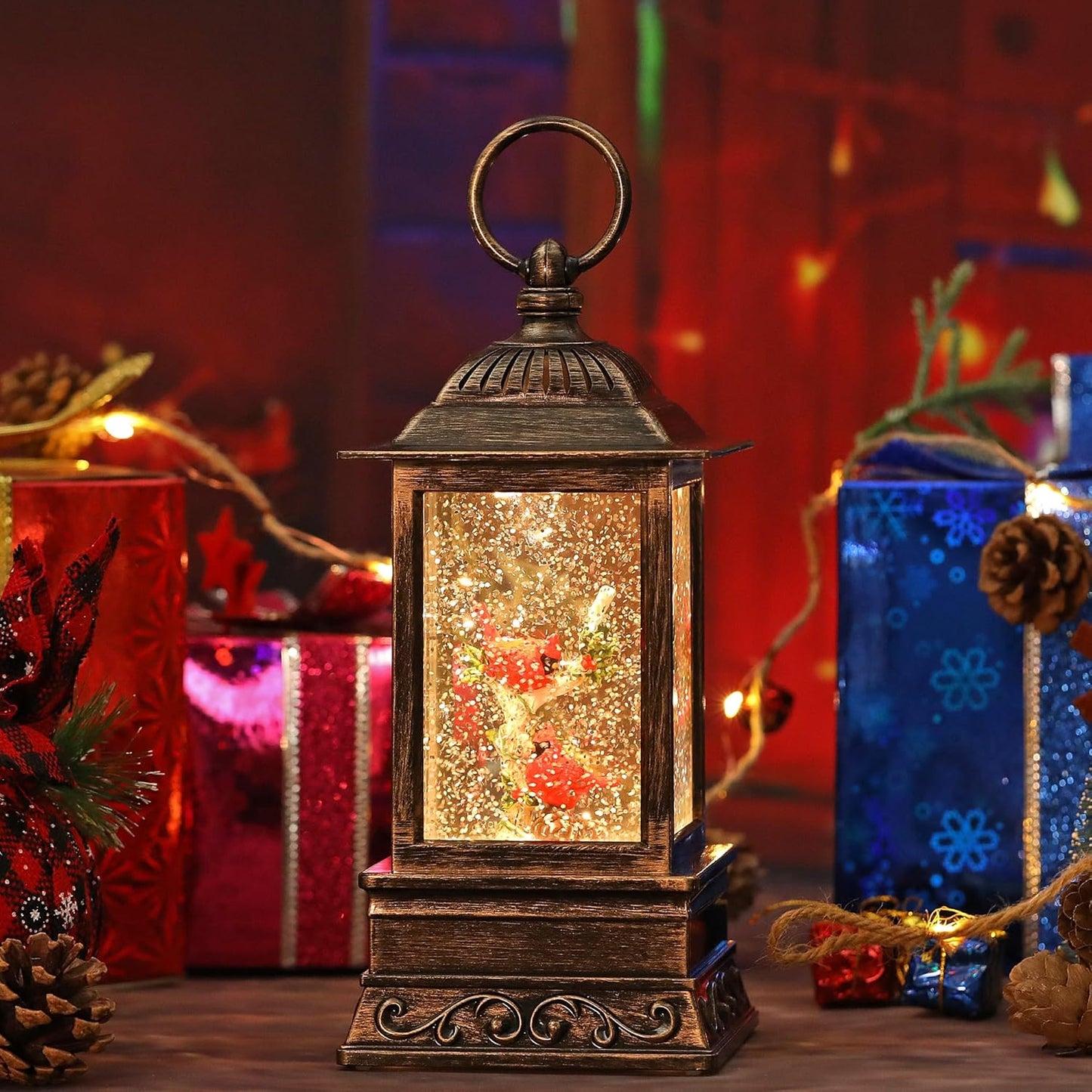 Christmas Snow Globe Cardinal Lantern, Glitter Lighted Christmas Decorations for Home with Music, Light Up Musical Snowglobe Cardinal Décor