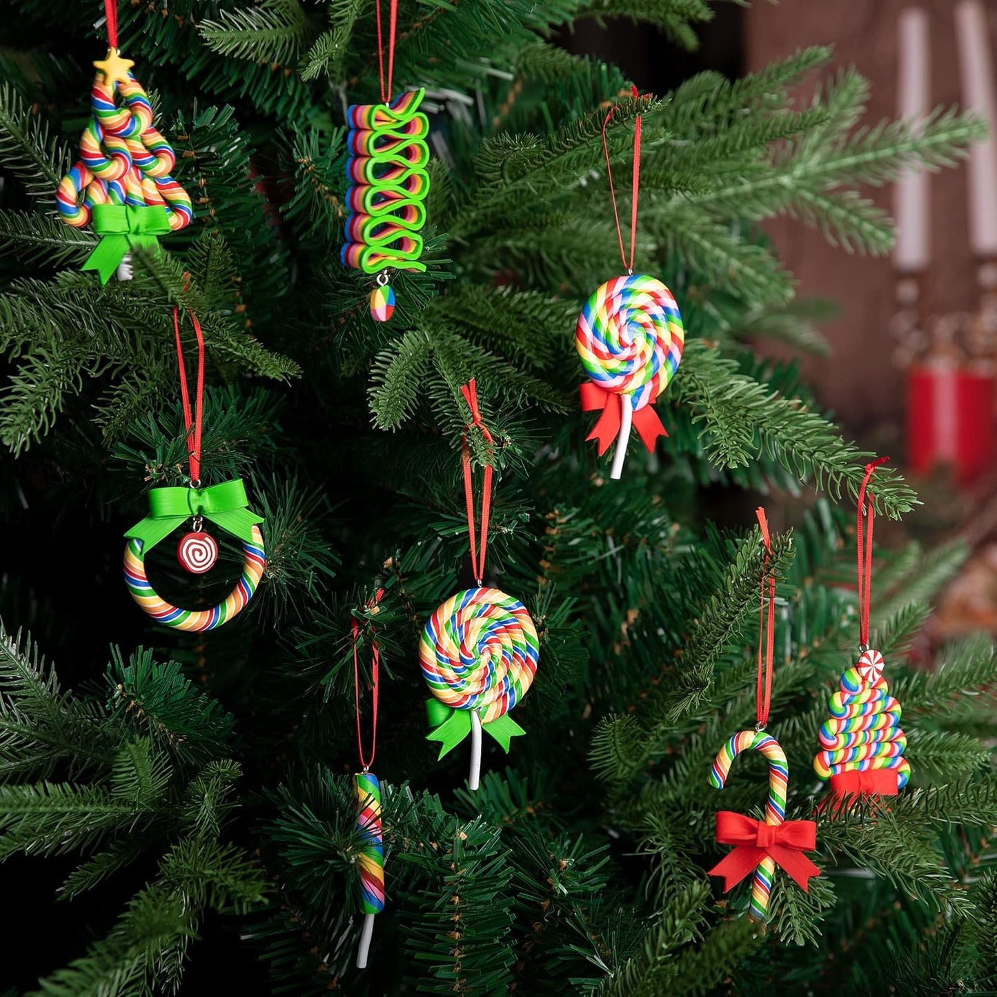 codree 8 PCS Christmas Lollipop Ornaments- Rainbow Lollipop Hanging Ornaments- Christmas Candies Polymer Clay Ornament for Xmas Tree Party Decoration