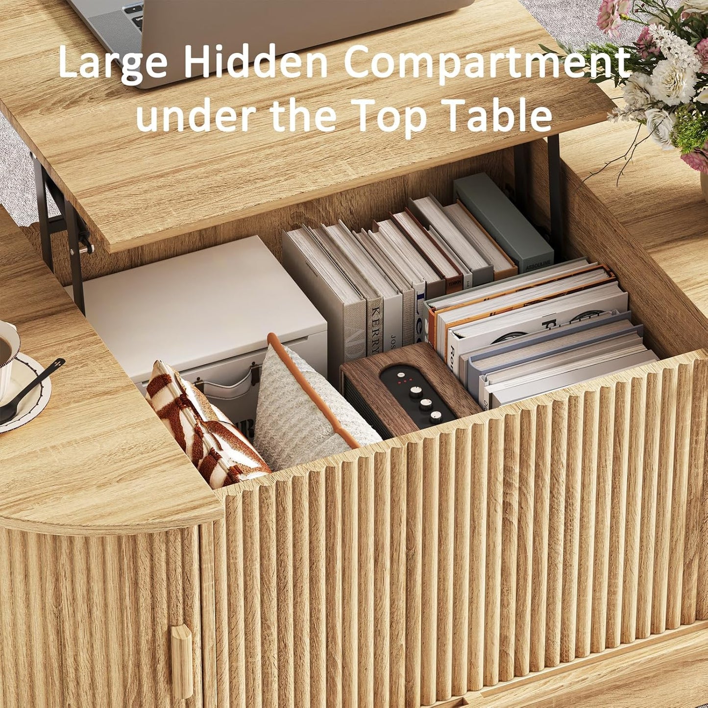 Fluted TV Stand and Coffee Table Set of 2,86.61'' TV Console for 55-85 Inch,Modern Entertainment Center with Large Storage Cabinet,Lift Top Coffee Table for Living Room, Bedroom, Natural