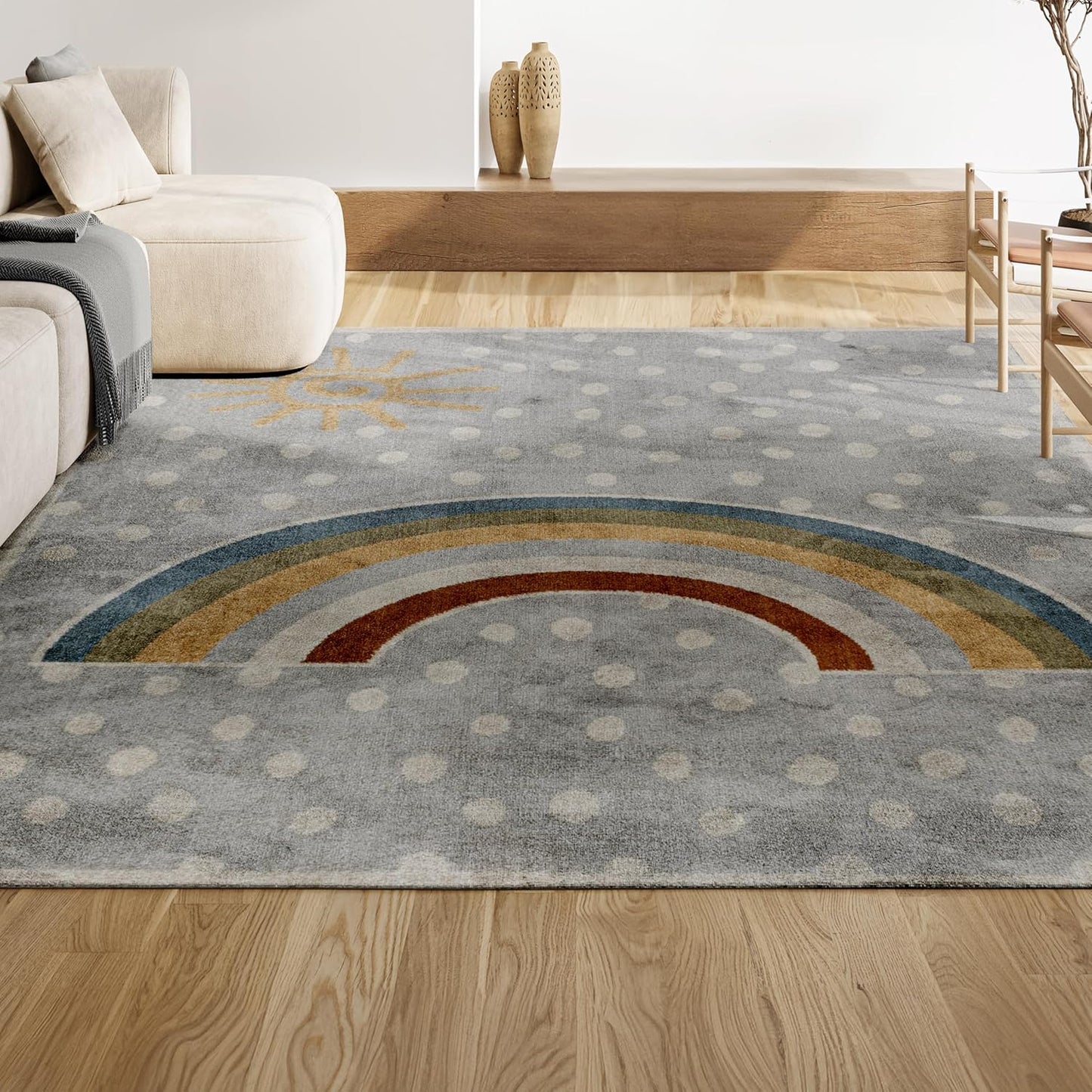 JONATHAN Y Machine-Washable Gray/Ivory/Yellow Indoor Area Rug, 3x5, Minha Rainbow Dots, Kids & Novelty, Casual, Classic, Bedroom, Kitchen, Living Room, Easy-Cleaning, Non-Shedding (KDW102A-3)
