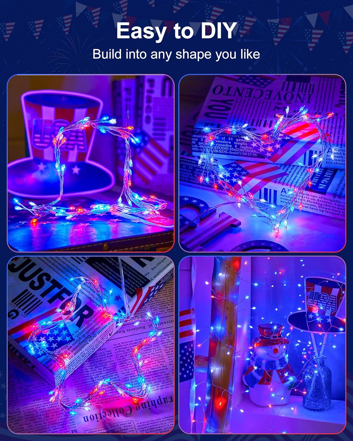 Minetom Red White Blue Fairy Lights Battery Operated, 4th July Decoration Patriotic String Lights Silver Wire 5 Feet 60 Led Firecracker Starry Lights for DIY Wreath Home Independence Day Decoration