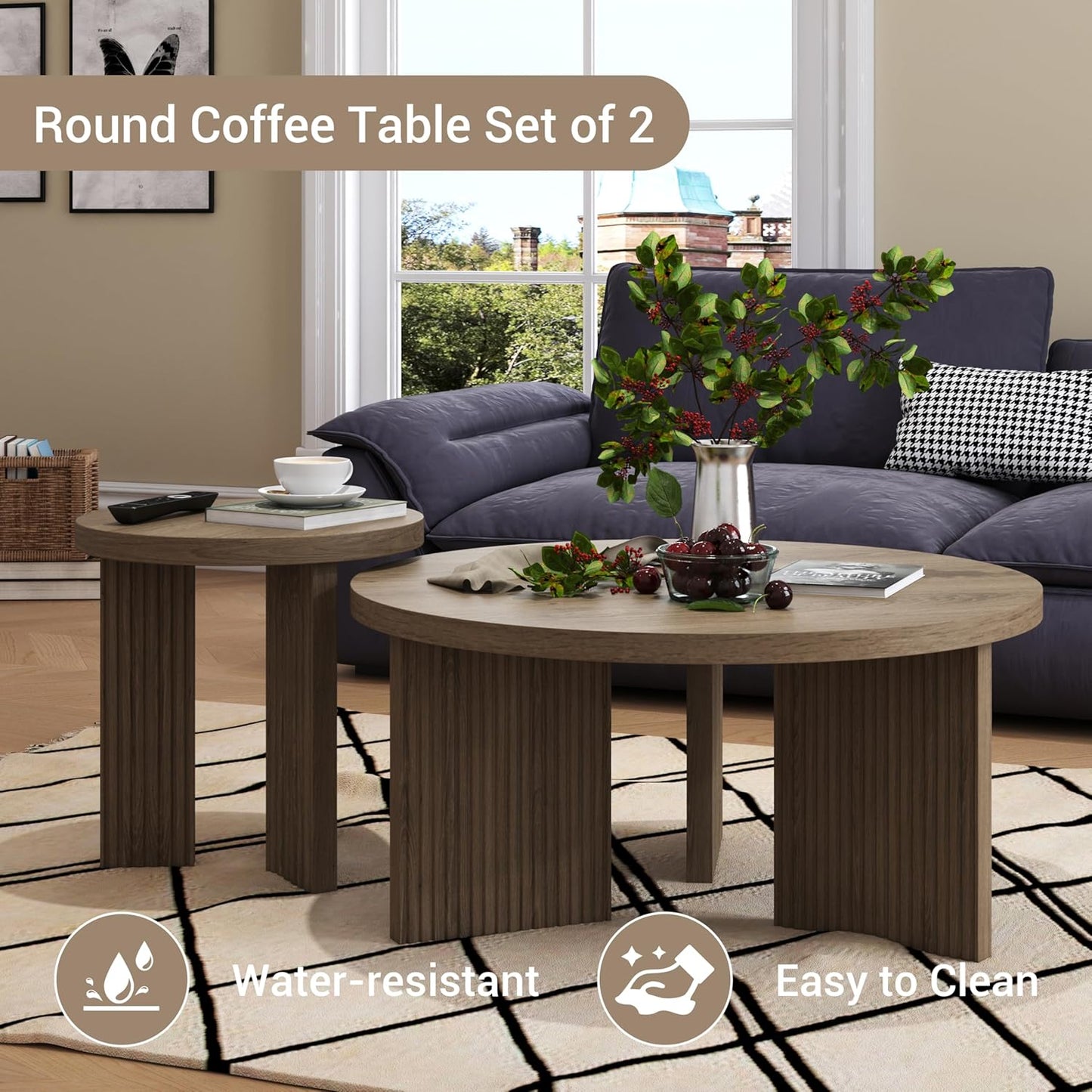 Nesting Coffee Table Set of 2, Modern Wooden Coffee Table with Smooth Thick Design, Circle Tea Table and End Table Set, Accent Center Tables for Living Room, Office, Brown