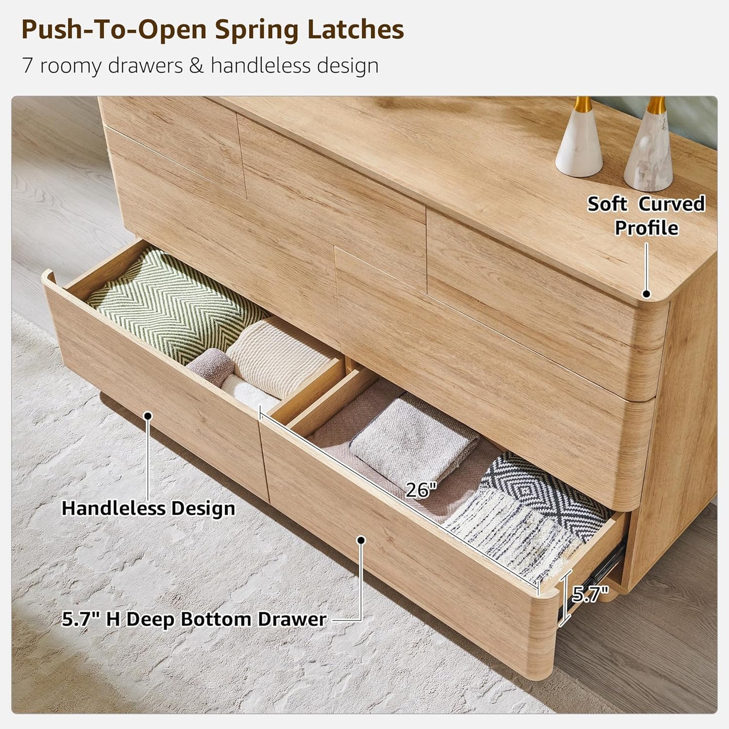 Modern 7 Drawer Dresser for Bedroom, 52" Wide Handleless Chest of Drawers, Large Push-to-Open Wood Storage w/Curved Profile, Dresser TV Stand for Bedroom, Living Room, Hallway, Natural Oak