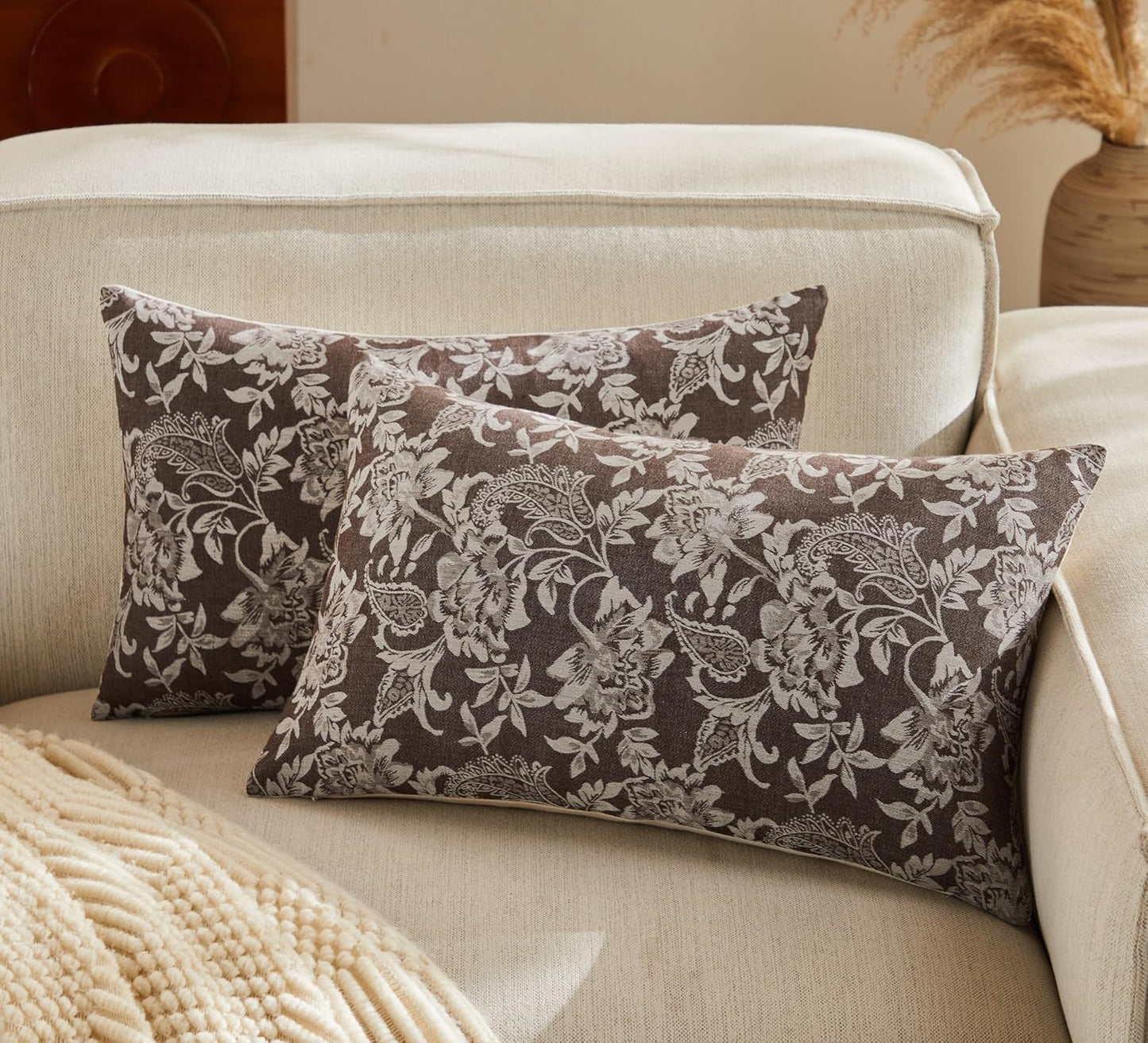 Floral Jacquard Lumbar Throw Pillow Covers Set of 2, Background/Chocolate 12x20 Inch, Farmhouse Decorative Cotton Dark Brown Cushion Covers for Sofa Bed Living Room Home Decor