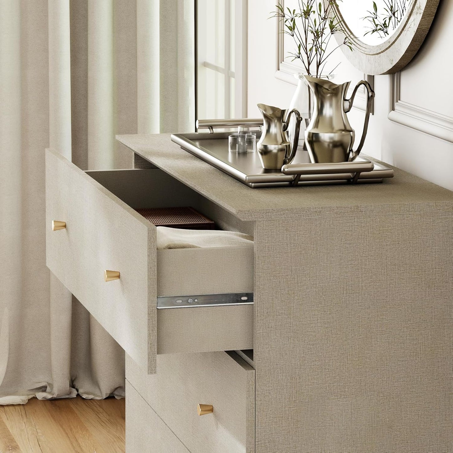 WAMPAT Dresser with 6 Drawers for Bedroom, 70.8" Wide Wooden Chest of Drawers, Modern Closet Storage Organizer Dressers with Solid Wood Legs for Living Room, Children's Room, Nursery, Beige