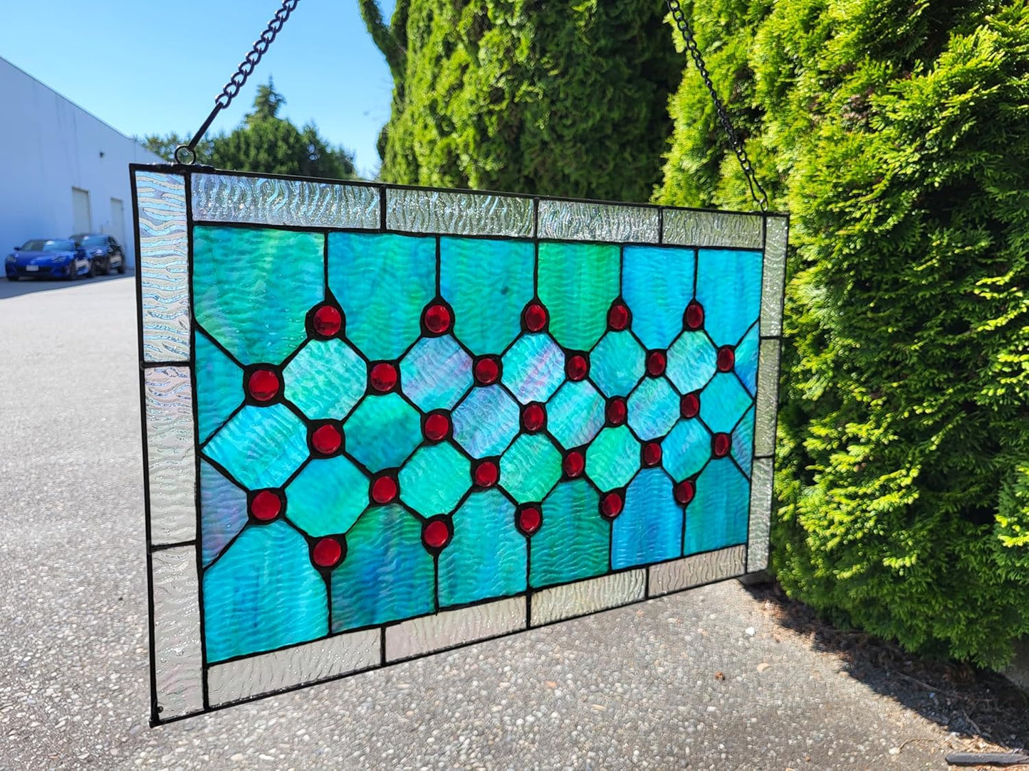 Tiffany-Style Stained Glass Window Panel, 100% Genuine Stained Glass and Cabochon, Handcrafted 73 Pieces, Blue/Green, Size: 19.25" x 11.75", Hanging Chain Included