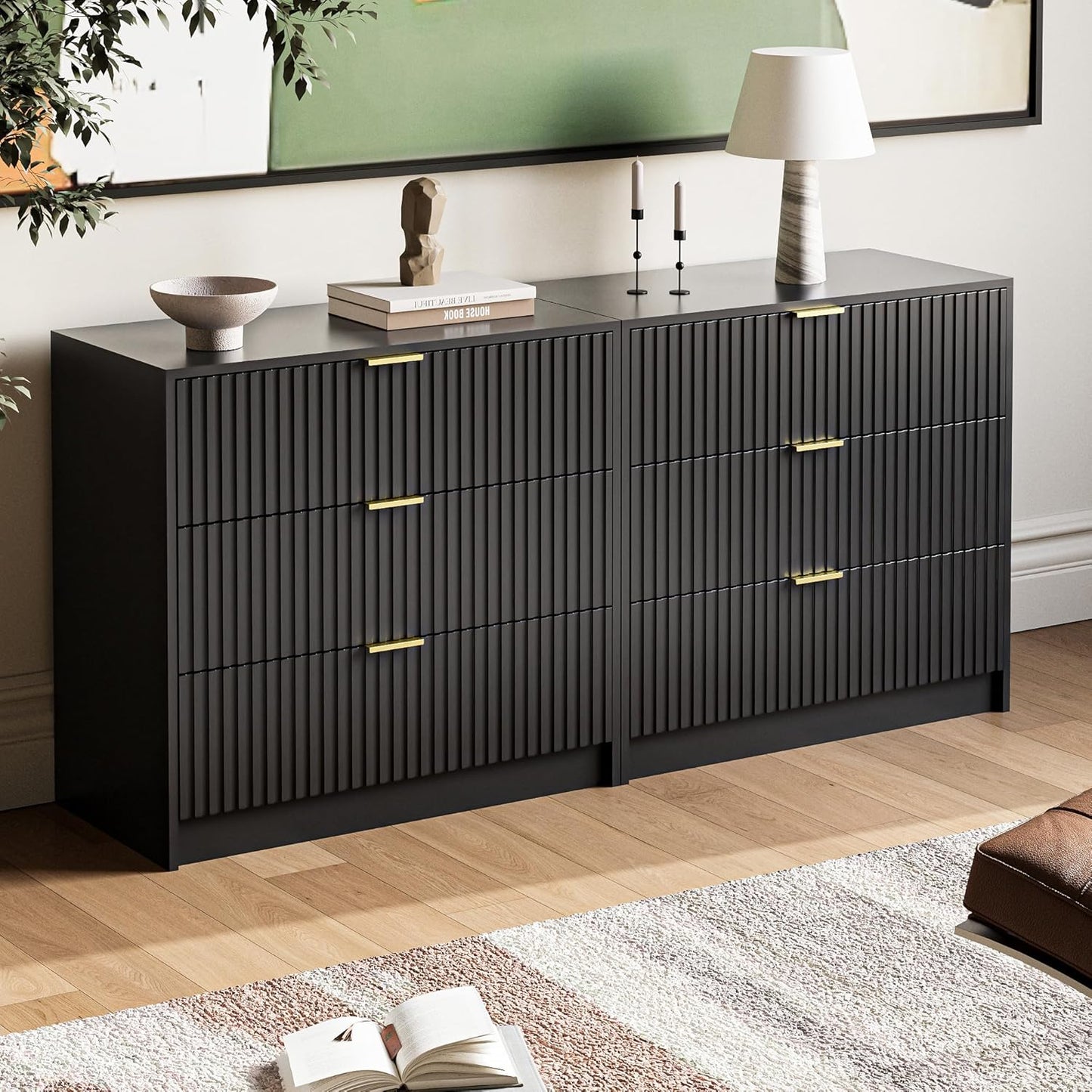 Black Fluted Dresser for Bedroom, 32 Inch Wide Nightstand with Large Drawer, 3 Drawer End Table for Bedroom, Living Rooms, Offices, and Entryways