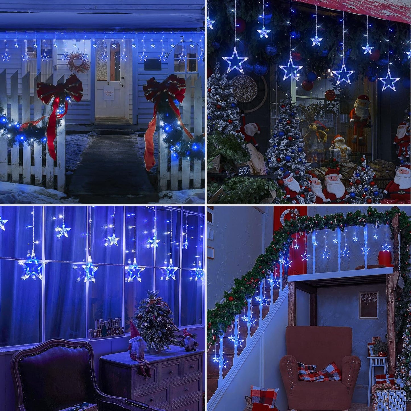 126L Blue White Christmas Star Icicle Lights, 8.2FT Clear Curtain Fairy String with Connectable, Timer 8 Modes Memory, Waterproof Hanging for Eaves, Party, Wedding Indoor Outdoor Decorations