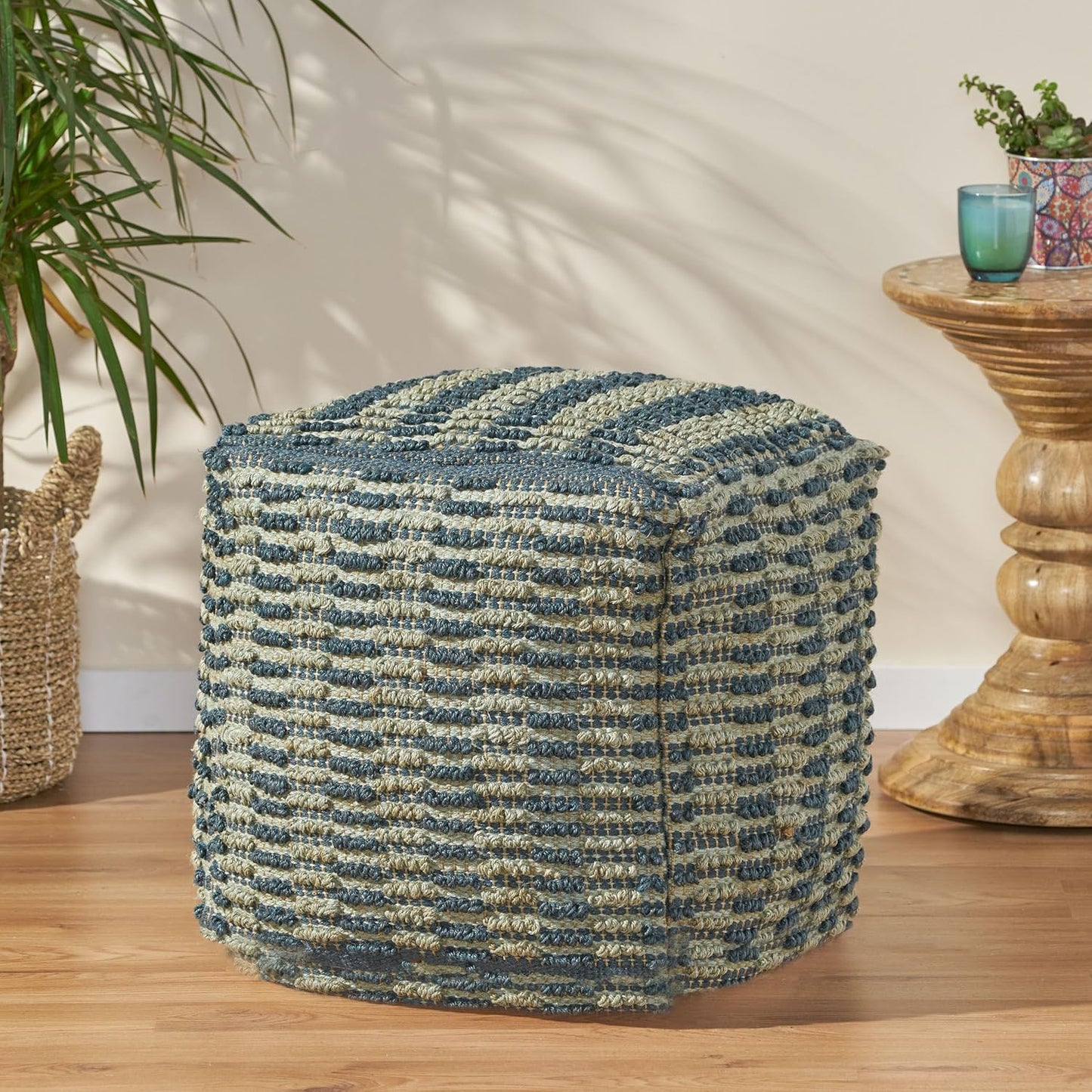 GDFStudio Boho Handmade Fabric Cube Pouf Ottoman Foot Stool - Bean Bag Floor Chair - Foot Rest Couch for Living Room Bedroom,Blue, Teal and Natural,15.75""x15.75""x15.75"", 312725N