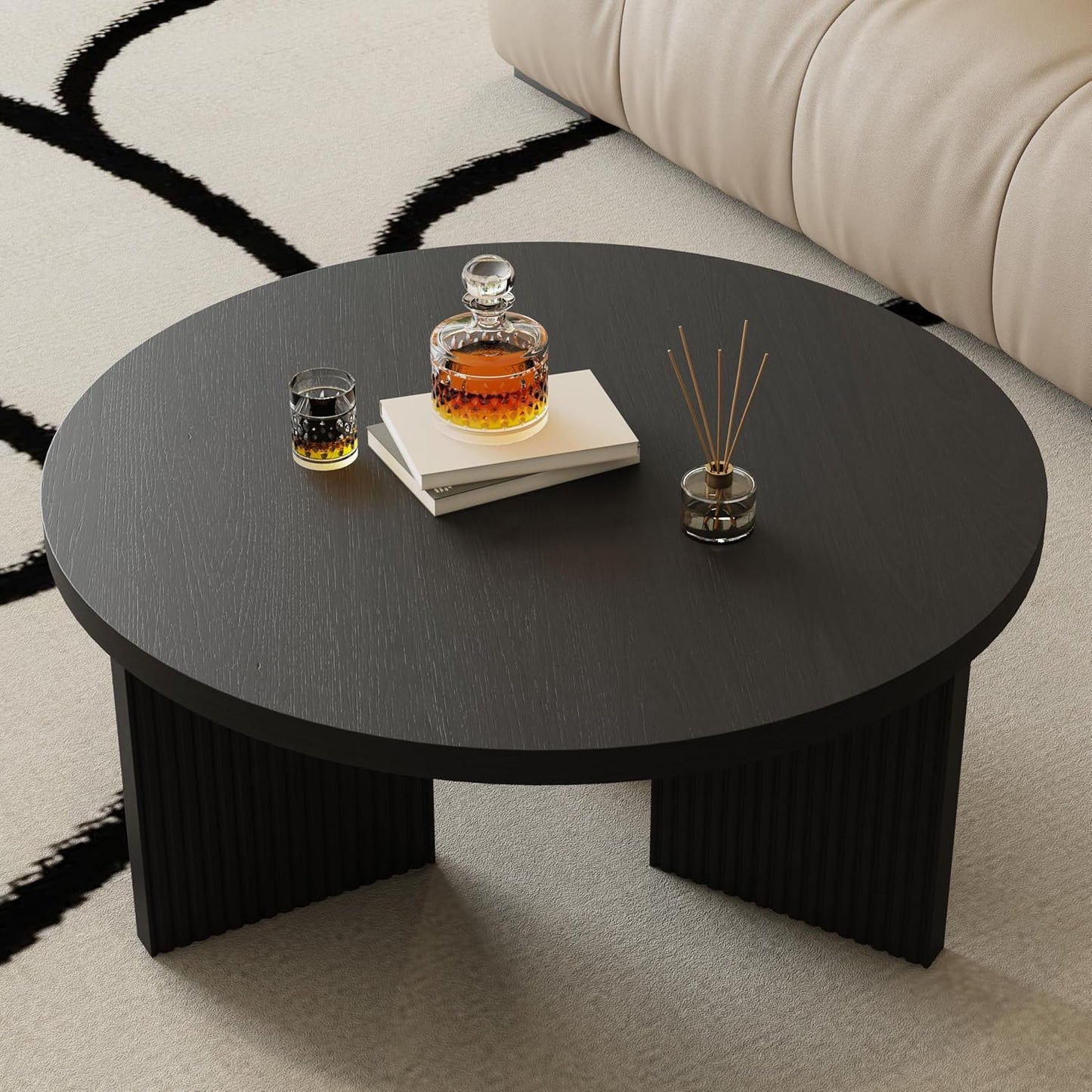 Wooden Round Coffee Table, 35" Coffee Table with Smooth Thick Mesa, Low Circle Center Table with X Shaped Stable Legs, Accent Tea Table for Living Room, Office, Black