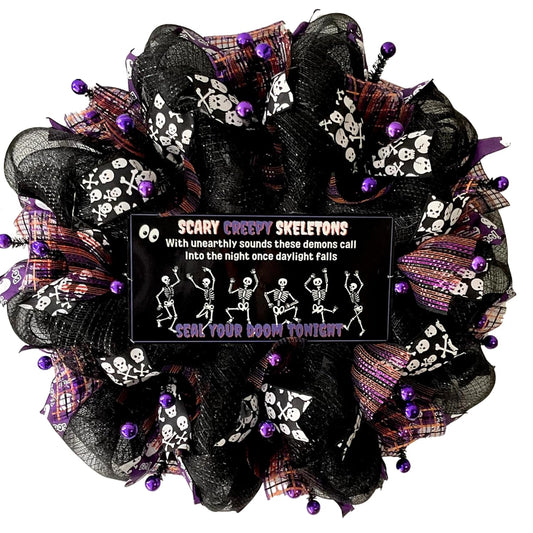 Scary Creepy Skeletons Halloween Wreath Available in 24 inch and 28 inch diameters
