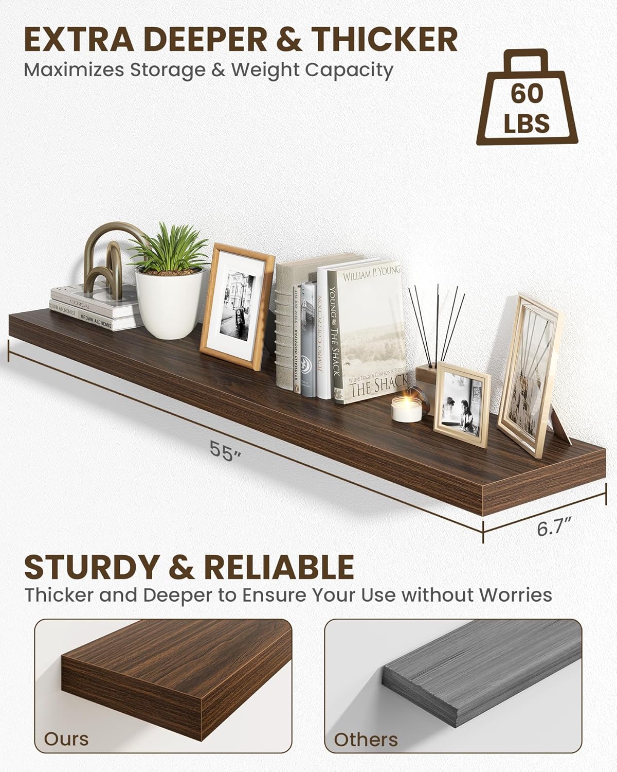 Marsmiles 55" Floating Shelves for Wall, Wooden Shelves with Invisible Brackets Set of 2, Rustic Farmhouse Wall Mounted Shelf for Kitchen Bathroom Living Room Study, Walnut