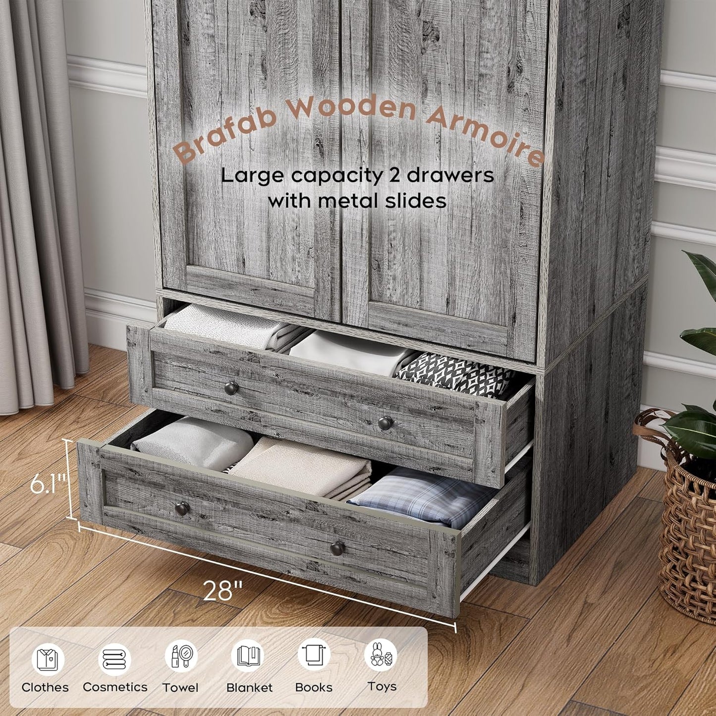 Brafab Armoire Wardrobe Closet with 2 Modern Doors, 71" Tall Freestanding Closet Wardrobe Cabinet with Drawers and Hanging Rail, Light Wooden Storage Cabinet with Shelve for Bedroom (Grey, 2 Doors)