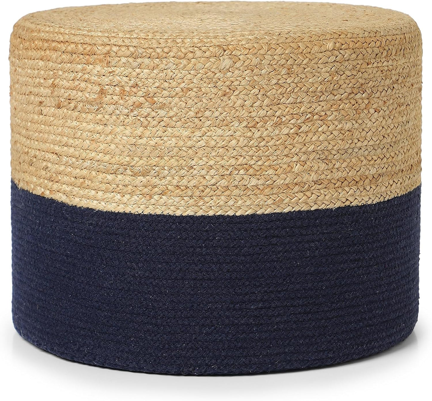 REDEARTH · Cylindrical Pouf Foot Stool Ottoman - Jute Braided Pouffe Poof Accent Sitting Footrest for Living Room, Bedroom, Nursery, Patio, Lounge & Other Rooms (Navy Natural, 18"x18"x14")