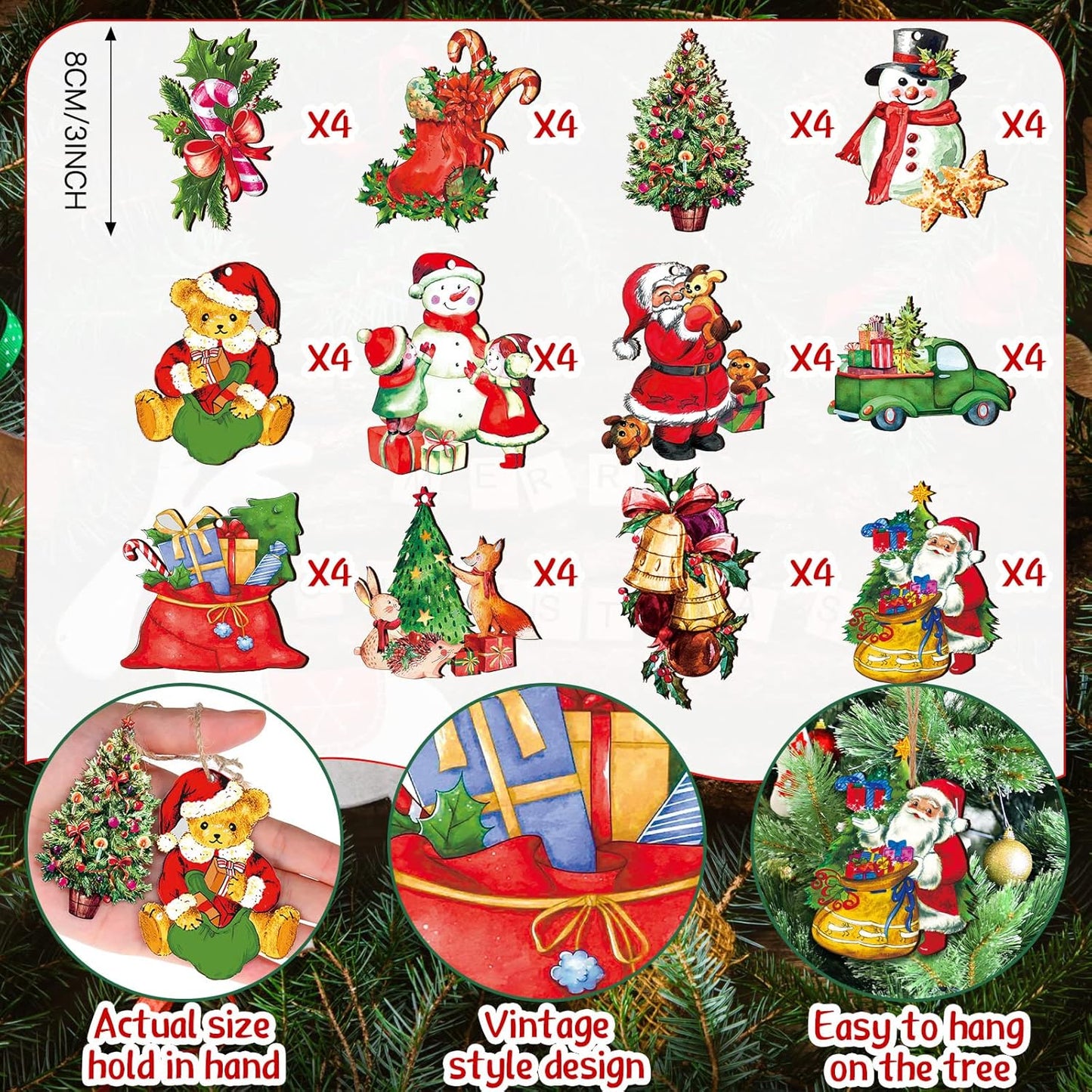 Victorian Style Wood Ornaments - 48 Pcs Christmas Decorations Hanging Santa Claus Snowman Retro Wooden Ornament