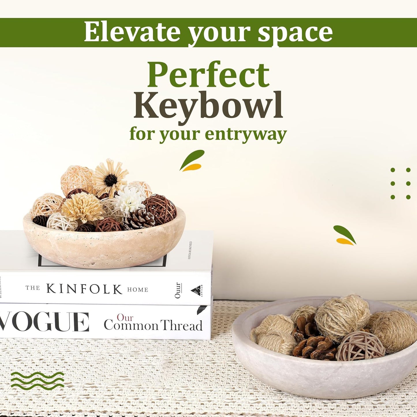 Travertine Decorative Bowl - 7.8” Diameter & 2” Height - Key Bowl for Entryway Table - Organic Modern Centerpiece - White/Gray