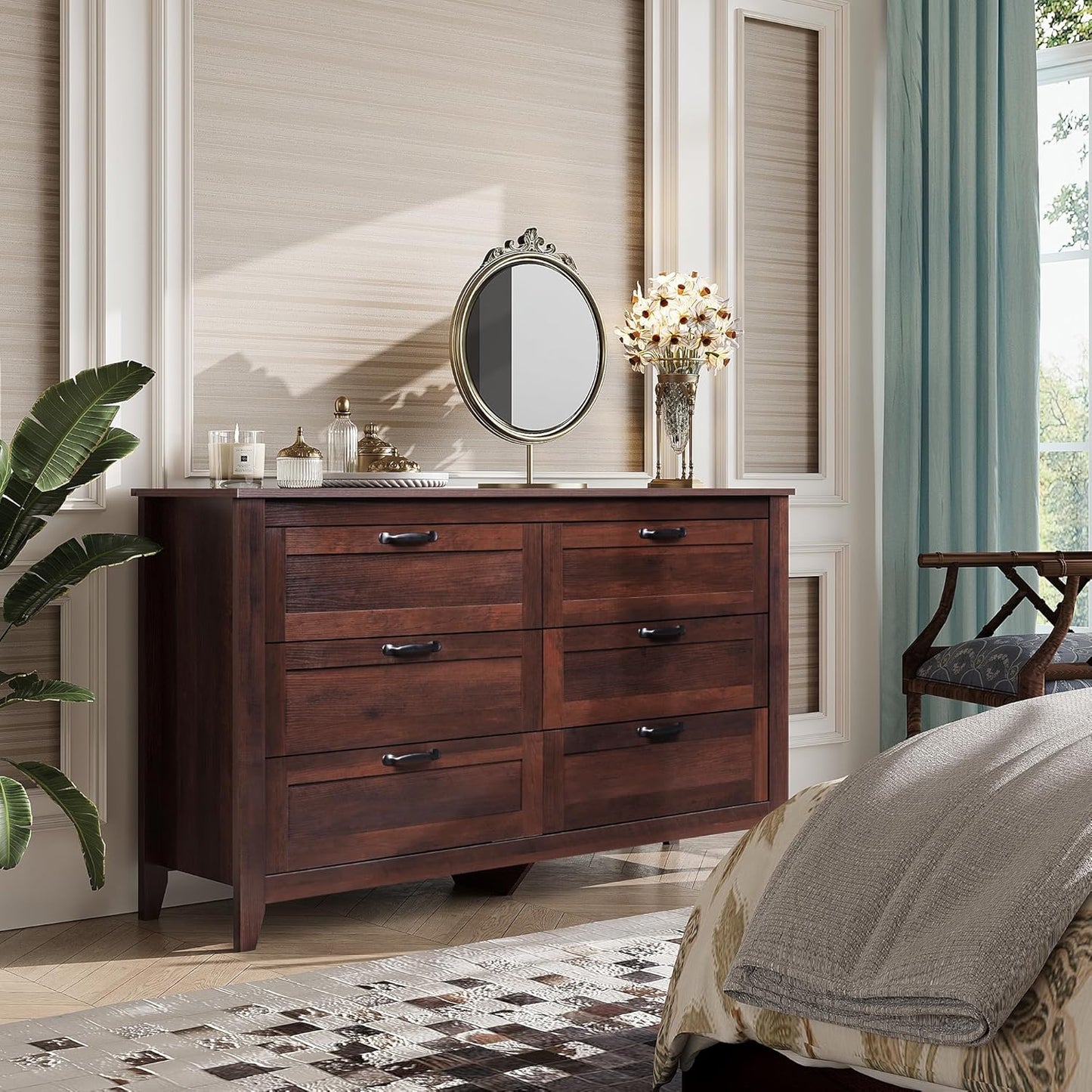 WLIVE Wood Dresser for Bedroom, Double 6 Drawer Dresser with Metal Handle, Large Wooden Chest of Drawers for Living Room, Hallway, Closet, Rustic Brown