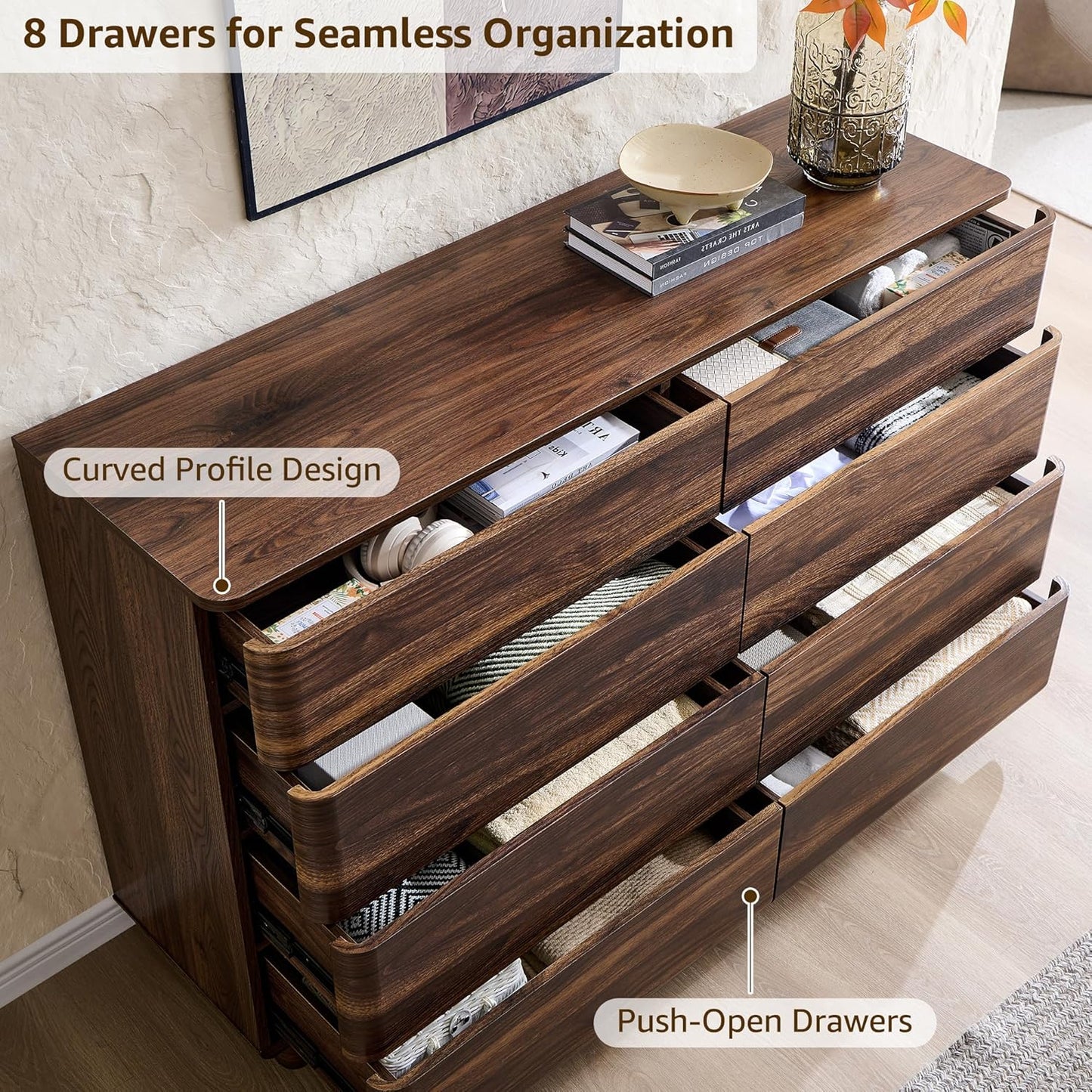 8 Drawer Dresser for Bedroom, 52 Inch Wide Modern Chest of Drawers, Push-to-Open Wood Storgae Organizer with Large Drawers for Bedroom, Living Room, Hallway,Brown