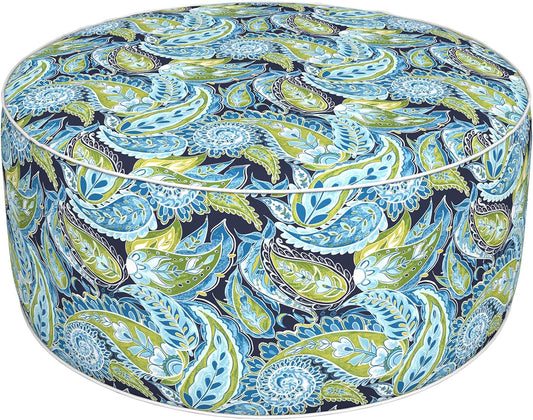 Inflatable Ottoman Stool D31 xH14 for Outdoor/Indoor Use, Water Repellent Patio Foot Rest with Portable Handle,Round Pouf Ottoman Suitable for Garden,Deck and Camping - Paisley Lapis Green