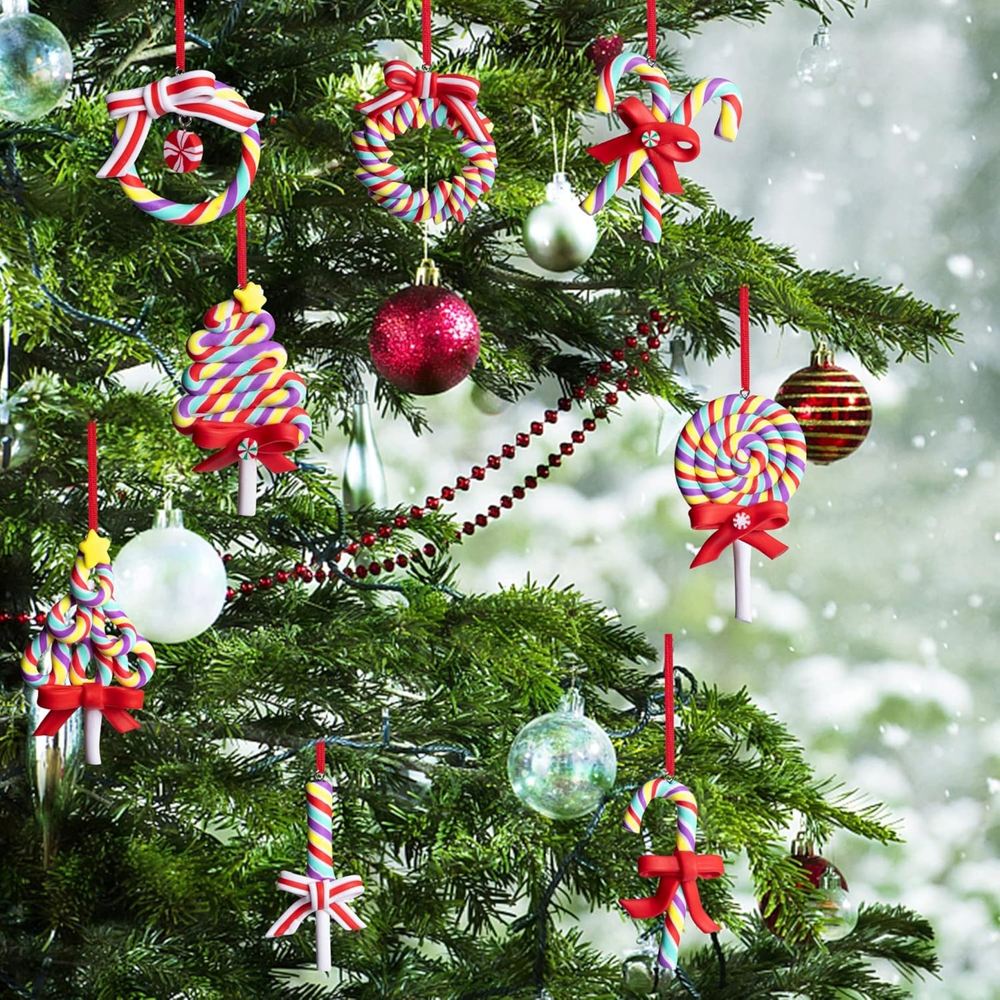 codree 8 PCS Christmas Lollipop Ornaments- Candy Ornaments for Christmas Tree- Candies Polymer Clay Ornament for Xmas Tree Party Hanging Decoration