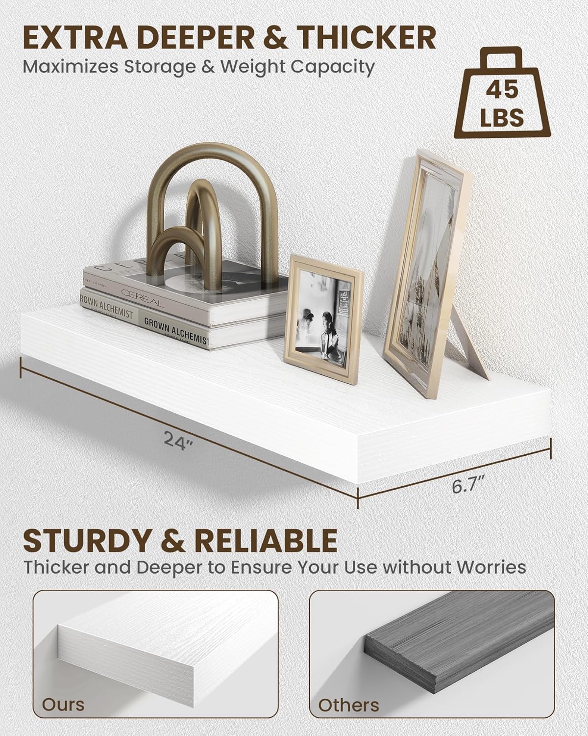 Marsmiles 24" Floating Shelves for Wall, Wooden Shelves with Invisible Brackets Set of 2, Rustic Farmhouse Wall Mounted Shelf for Kitchen Bathroom Living Room Study, White