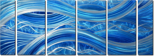 MyArton Handmade Abstract Metal Wall Art with Soft Color, Large Scale Decor in Blue Line Design, 3D Artwork for Indoor Outdoor Wall Decorations, 6-Panels Metal Art Measure 24"x 65"