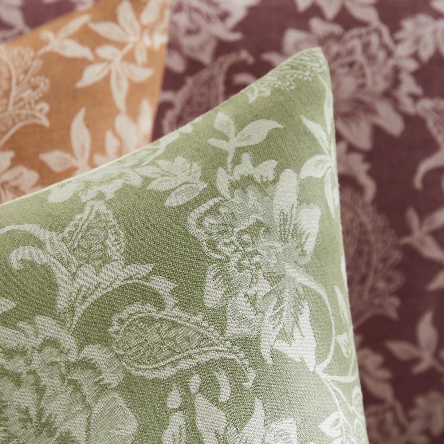 Floral Jacquard Throw Pillow Covers Set of 2, Background/Green 22x22 Inch, Farmhouse Decorative Cotton Sage Green Cushion Covers for Sofa Bed Living Room Home Decor