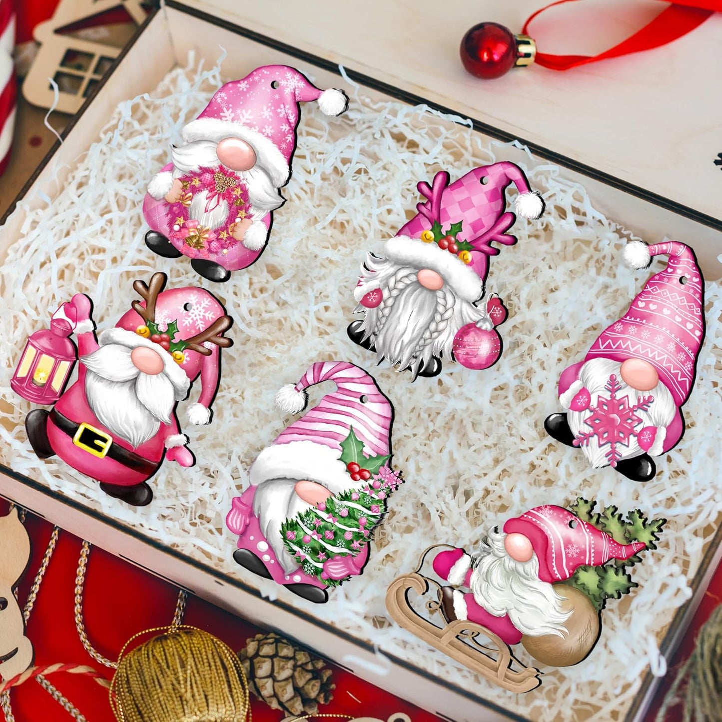 Christmas Wooden Hanging Ornaments, Wood Hanging Decor for Christmas Tree Decoration Gnome Santa Doll Wooden Hanging Craft Gnome Elf Party Supplies (Xmas-Gnomes-D)