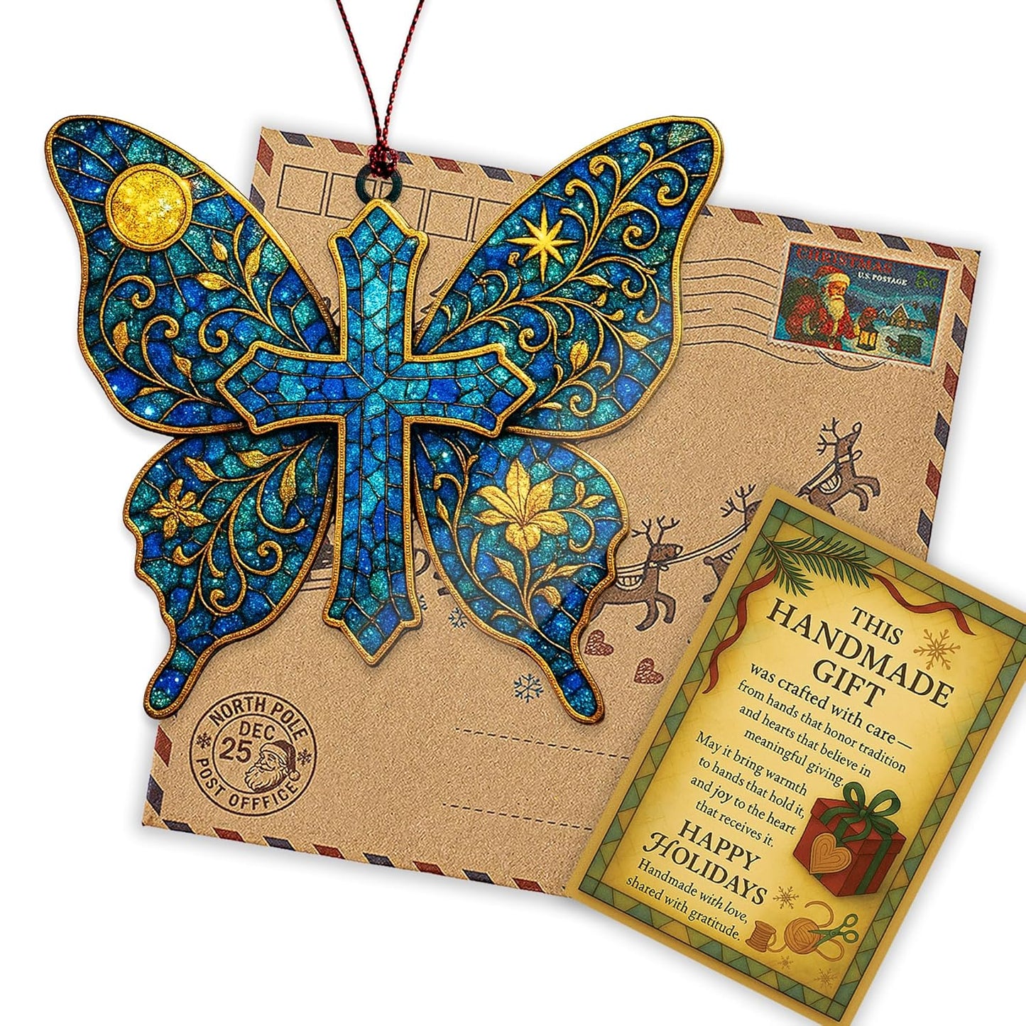 Butterfly Cross Ornament – Christian Memorial Christmas Ornament – Religious Sympathy Gift for Loss of Loved One – Bereavement Keepsake Decoration, Suncatcher Effect stained glass window hanging