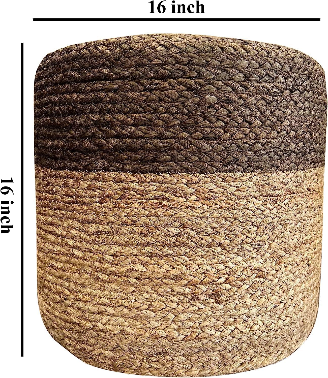 Jute Pouf Ottoman | Footrest Pouf | Hand Braided - Round Boho Pouffe - for Living Room, Bedroom, Nursery (16"x16"x16") Grey