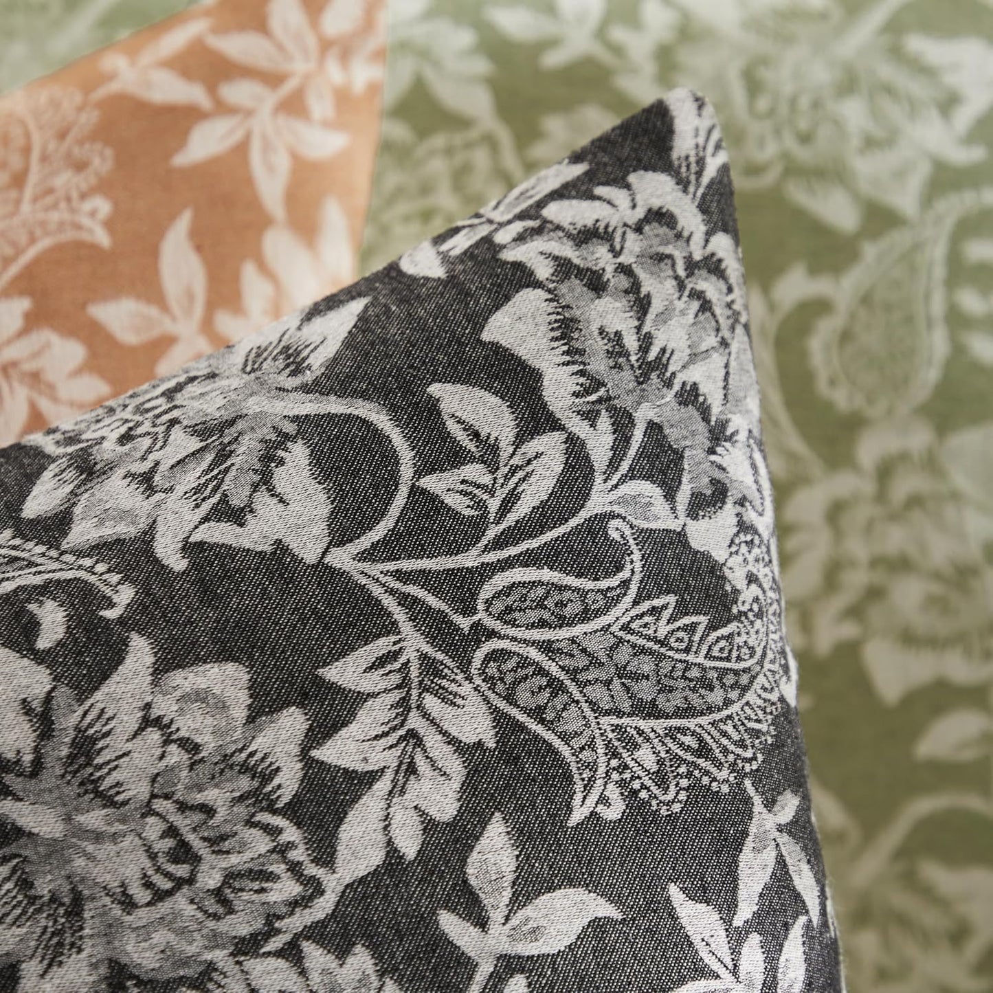 Floral Jacquard Throw Pillow Covers Set of 2, Background/Charcoal 16x16 Inch, Farmhouse Decorative Cotton Dark Grey Cushion Covers for Sofa Bed Living Room Home Decor