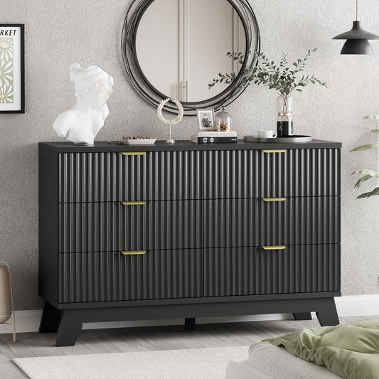 Fluted Dresser for Bedroom with 6 Drawers, 48" Wide Wooden Chest of Drawers with Metal Handle, Modern Dresser TV Stand, Wood Closet Clothes Storage Organizer for Living Room, Hallway, Black