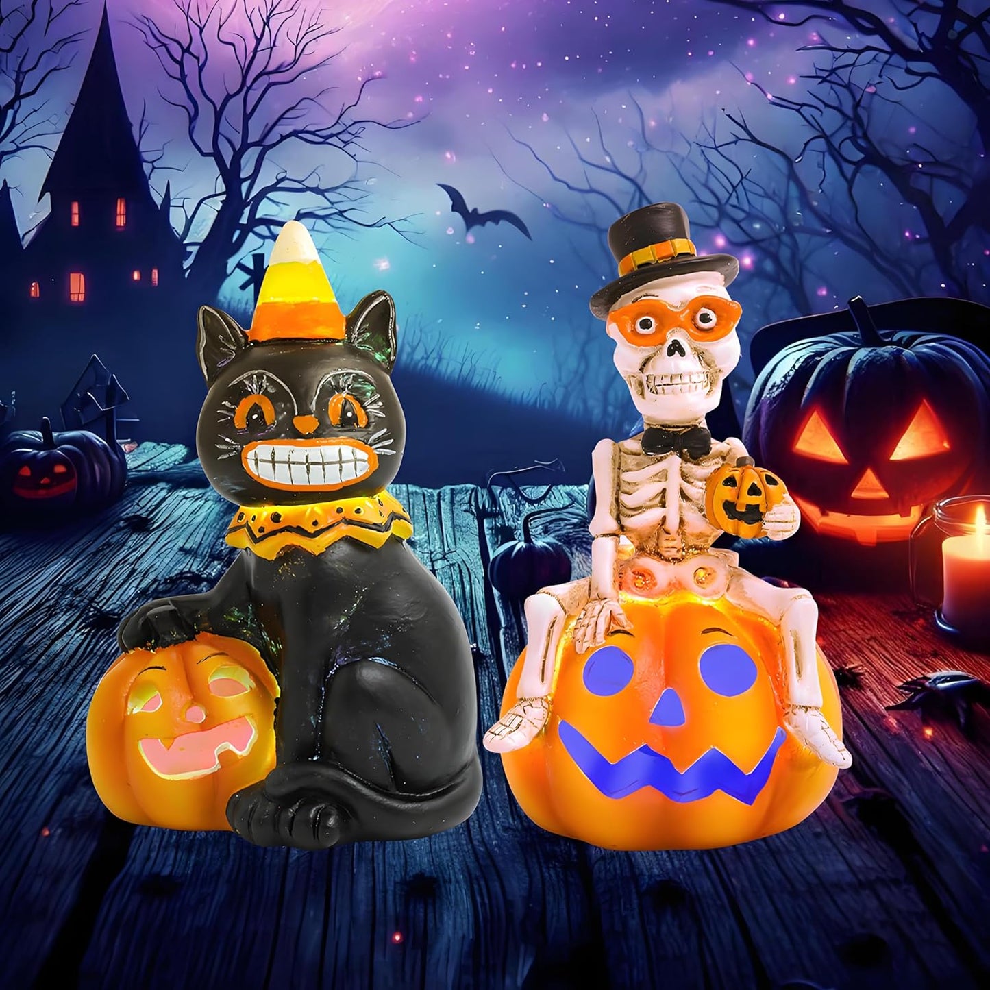 Vintage Halloween Decorations Indoor - 2-Pack 4.7'' Resin Skeleton Gentleman & Black Cat Figurine with Flickering Pumpkin Lights - Halloween Table Decor Ornaments Gifts (Jack-O’-Lantern)